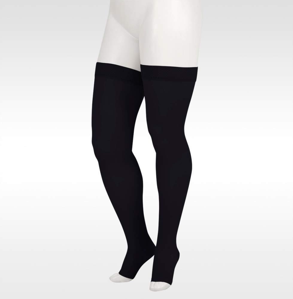 Juzo Soft 2001 Thigh-High 20-30mmHg Open Toe Compression Stockings for Women - Black, Size 5 (V) Short - Ideal for Lymphedema, Varicose Veins & Post-Surgery Recovery