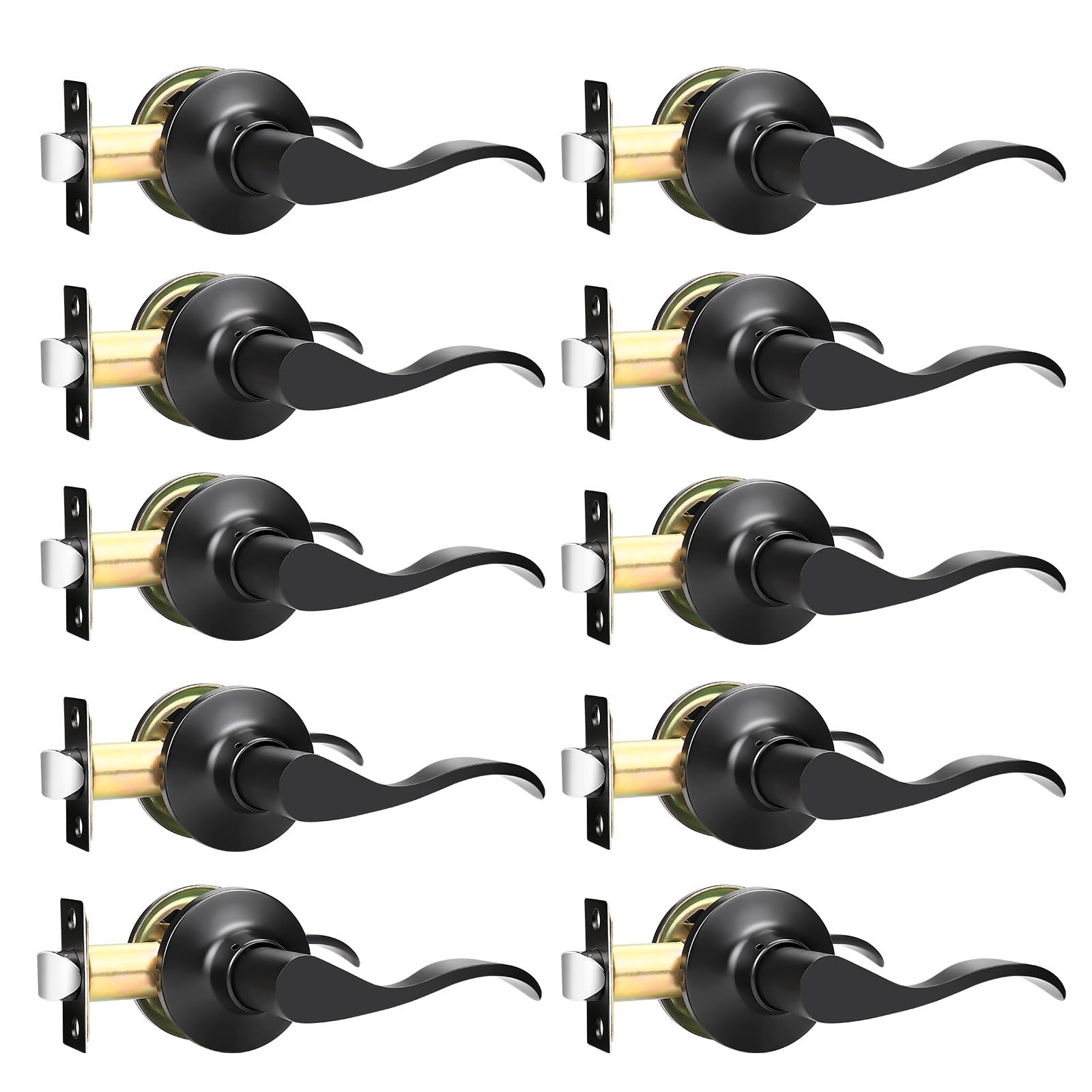 Gobekor 10 Pack Black Interior Door Lever Handles - Keyless Passage Lever for Hallway, Closet & Bedroom Doors | Wave Design for Smooth Operation & Modern Home Decor