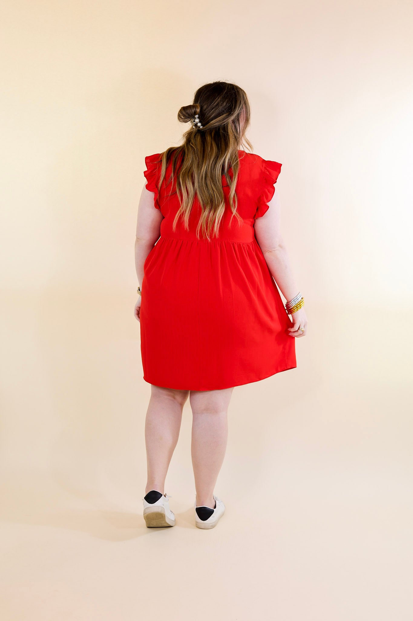 Elegant Red V-Neck Ruffle Cap Sleeve Dress for Women - Perfect for Date Nights, Parties & Special Occasions