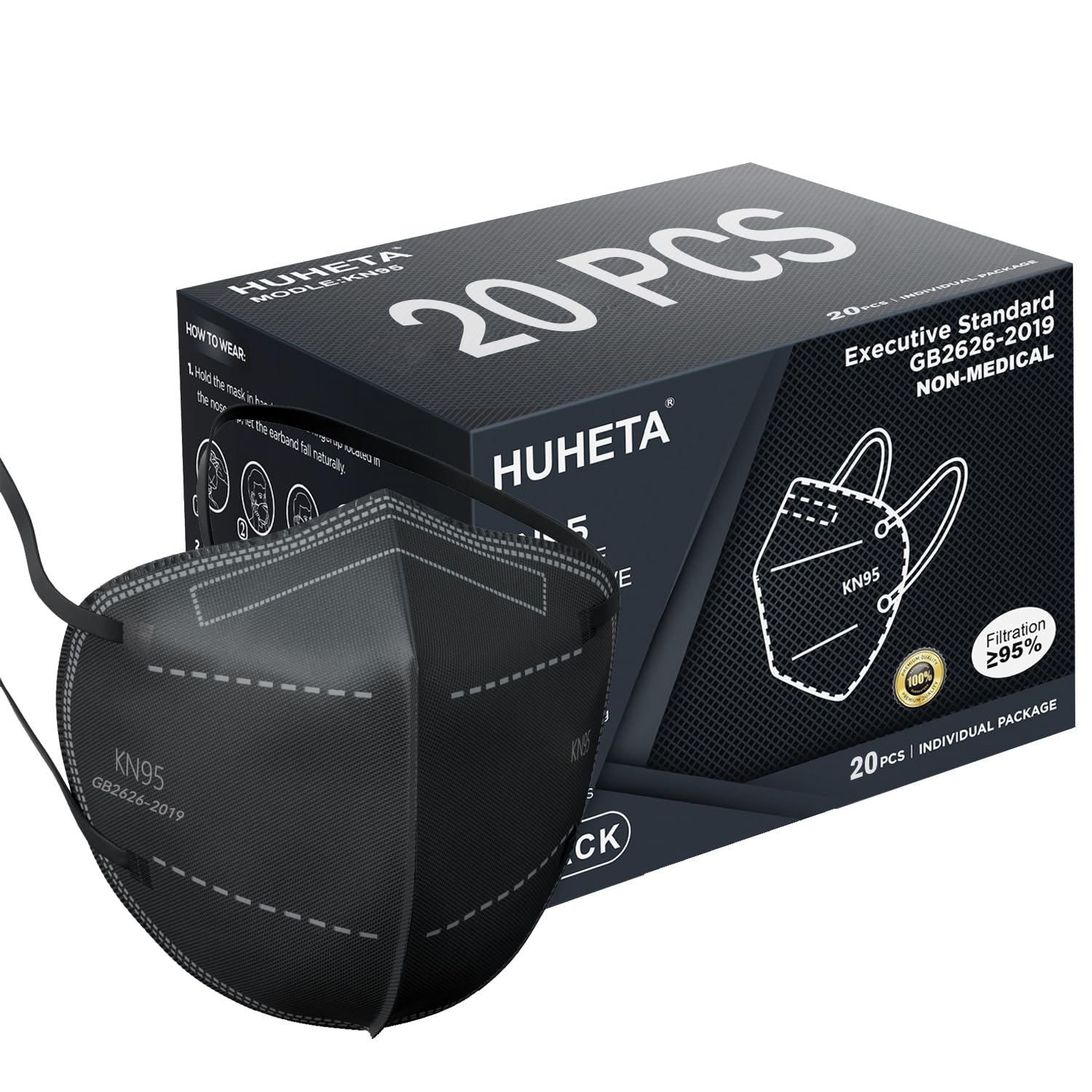 HUHETA KN95 Face Mask 20 Packs - 5-Ply Protective Safety Mask with Comfortable Elastic Ear Loops & Adjustable Nose Clip, 95%+ Filtration Efficiency - Breathable Black Masks for Work, Travel, School, Shopping & Daily Protection