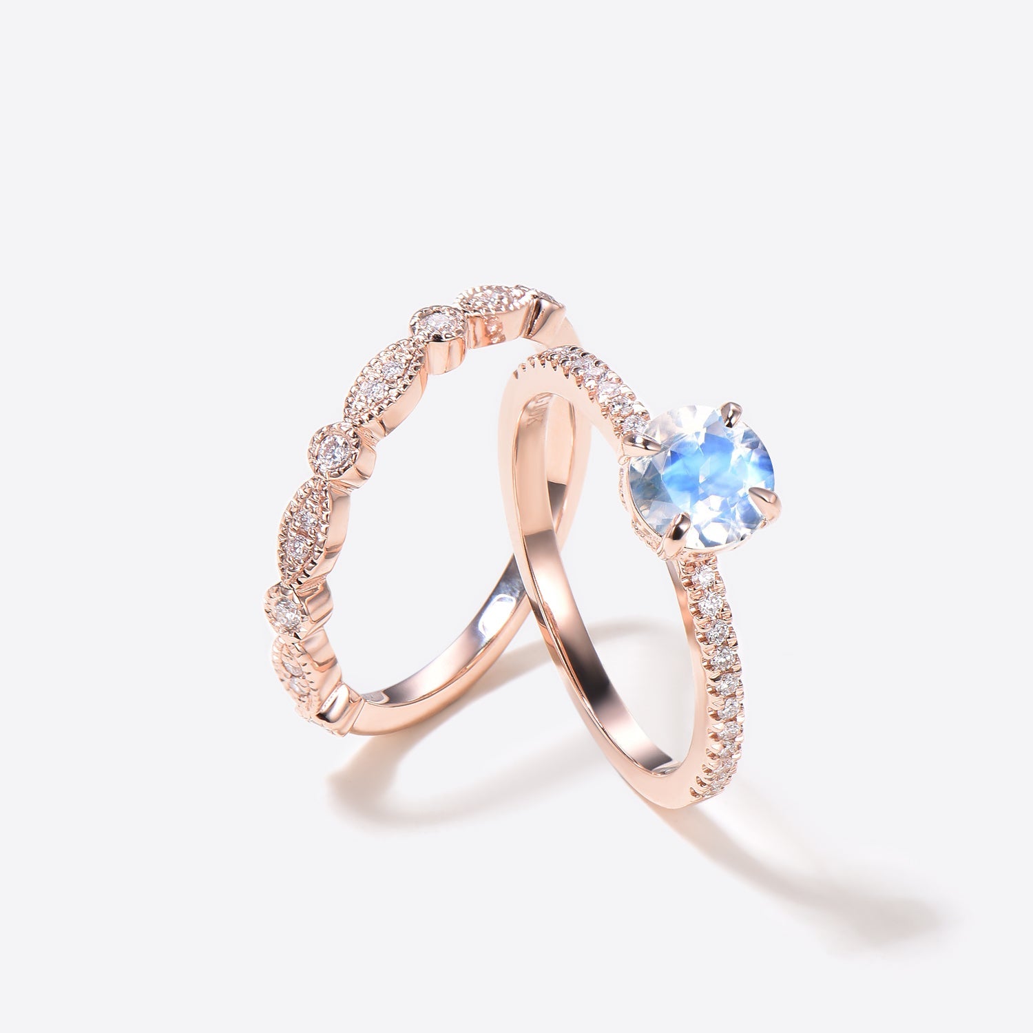 Vintage Rainbow Moonstone Diamond Rose Gold Engagement Ring Set - 2 Piece Bridal Jewelry for Wedding, Proposal & Anniversary Gifts