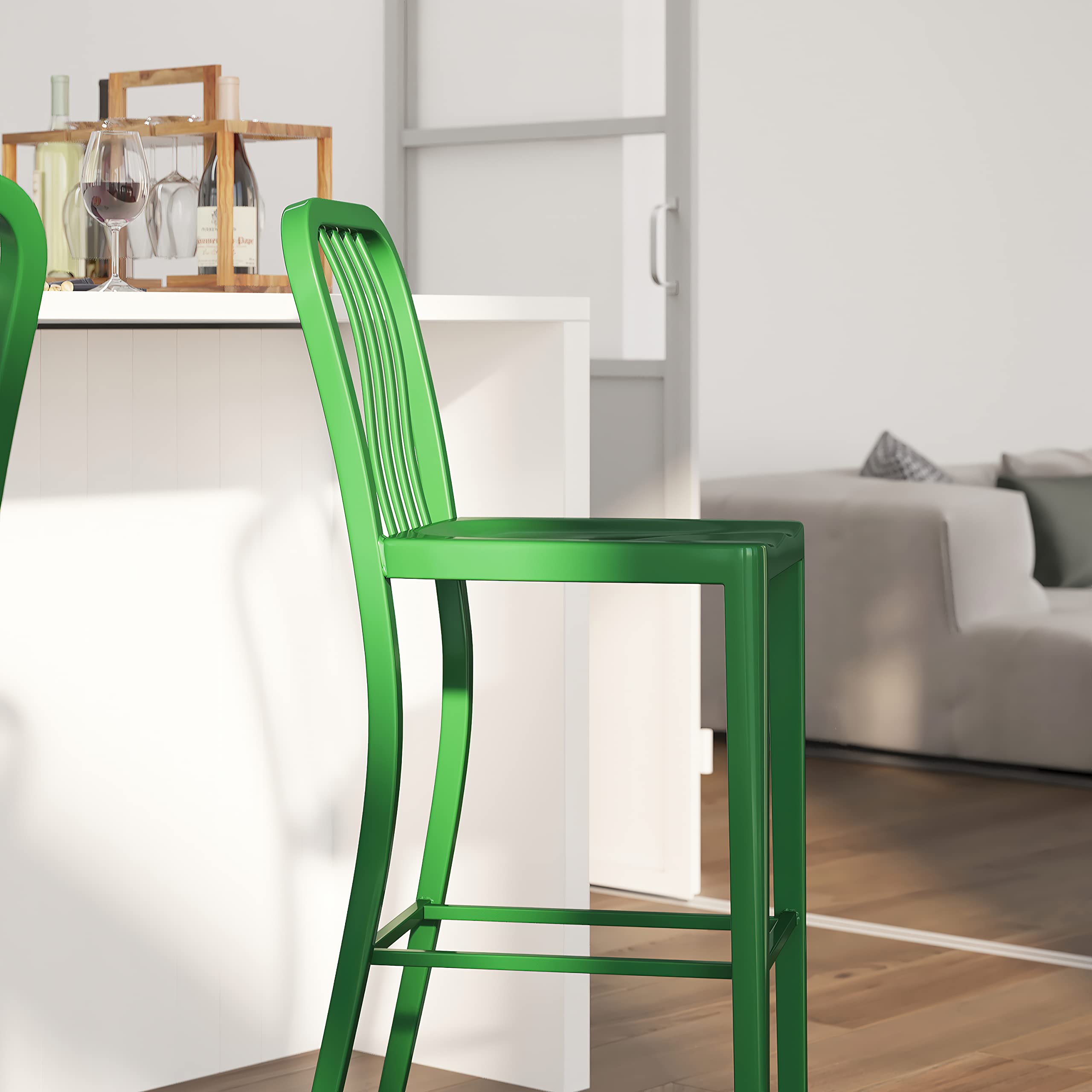Merrick Lane Santorini Indoor/Outdoor Bar Stool - Green Steel Counter Height Stool with Curved Seat - Perfect for Kitchen Islands, Patio Bars & Dining Counter Use