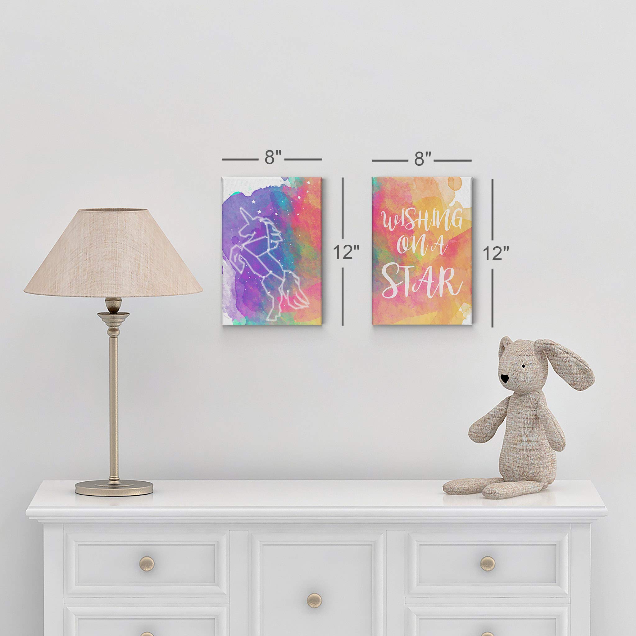 Smile Art Design Cute Unicorn Wall Art - 2 Panel Canvas Print Set with Wishing on a Star Quote (40x30 inches) - Perfect for Kids Room Decor, Nursery Decor & Baby Shower Gift - Made in USA - Rolled Canvas for Easy Framing - Ideal for Bedroom, Playroom & Children's Birthday Gift