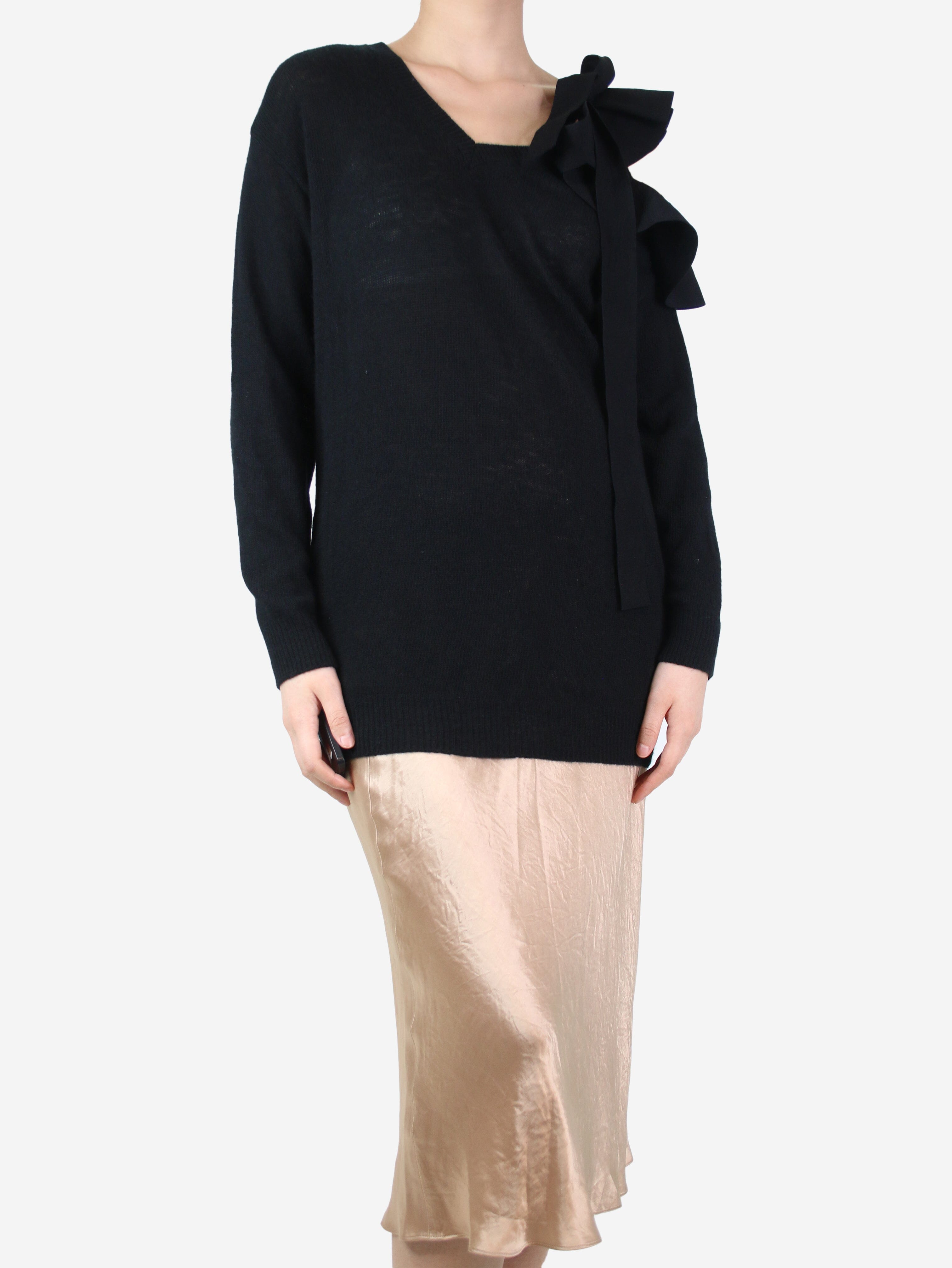 Black V-Neck Ruffled Jumper for Women - Size S | Elegant & Stylish Casual Wear for Office, Date Night & Special Occasions