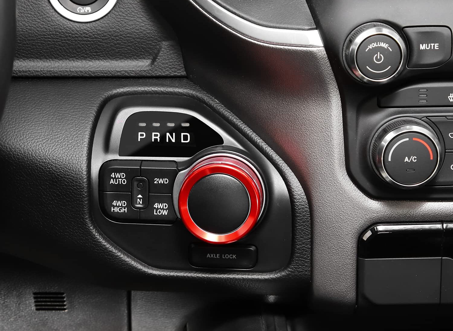 2-Piece Red 2WD/4WD Selector & Headlight Switch Knob Cover Trim for 2019+ RAM Trucks - Off-Road & Night Driving Accessories