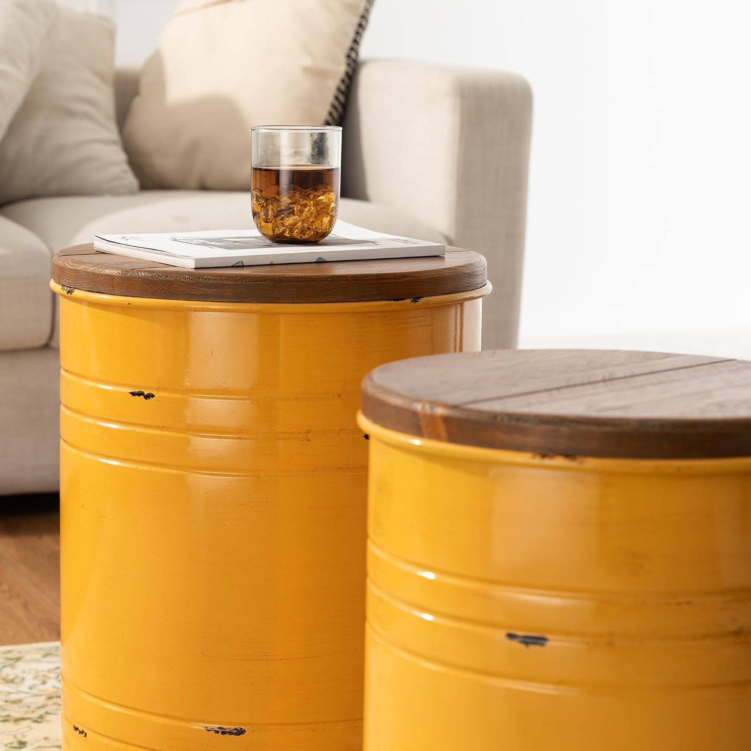 Glitzhome 2-Piece Farmhouse Nesting Tables with Storage Lids - Rustic Metal Barrel Side End Tables for Living Room, Bedroom, Office - Yellow Accent Stools | Perfect for Small Spaces, Coffee Table Alternatives & Home Decor