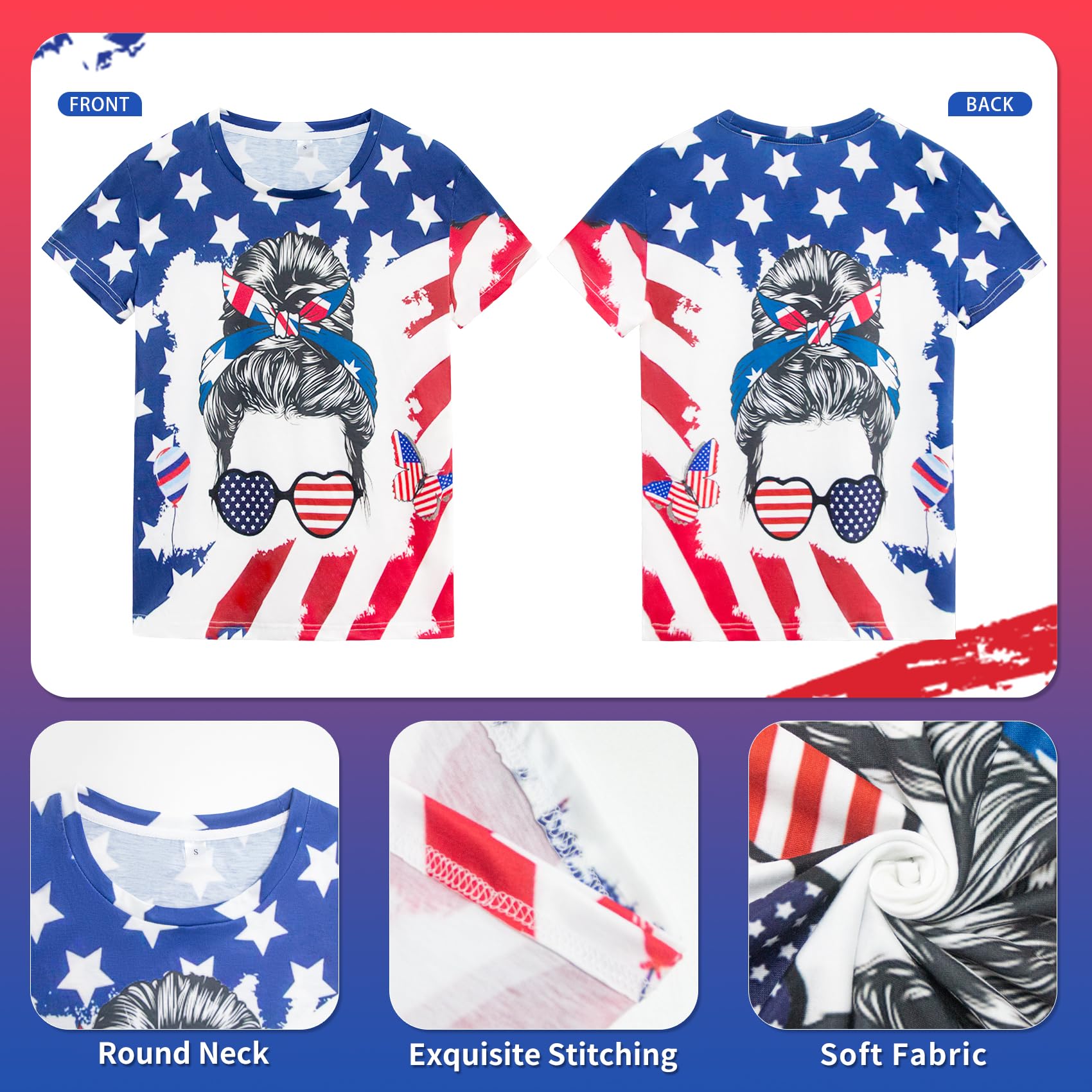 Women's 4th of July Patriotic T-Shirt - USA Flag Graphic Short Sleeve Top for Independence Day | Perfect for BBQ, Fireworks & Summer Celebrations