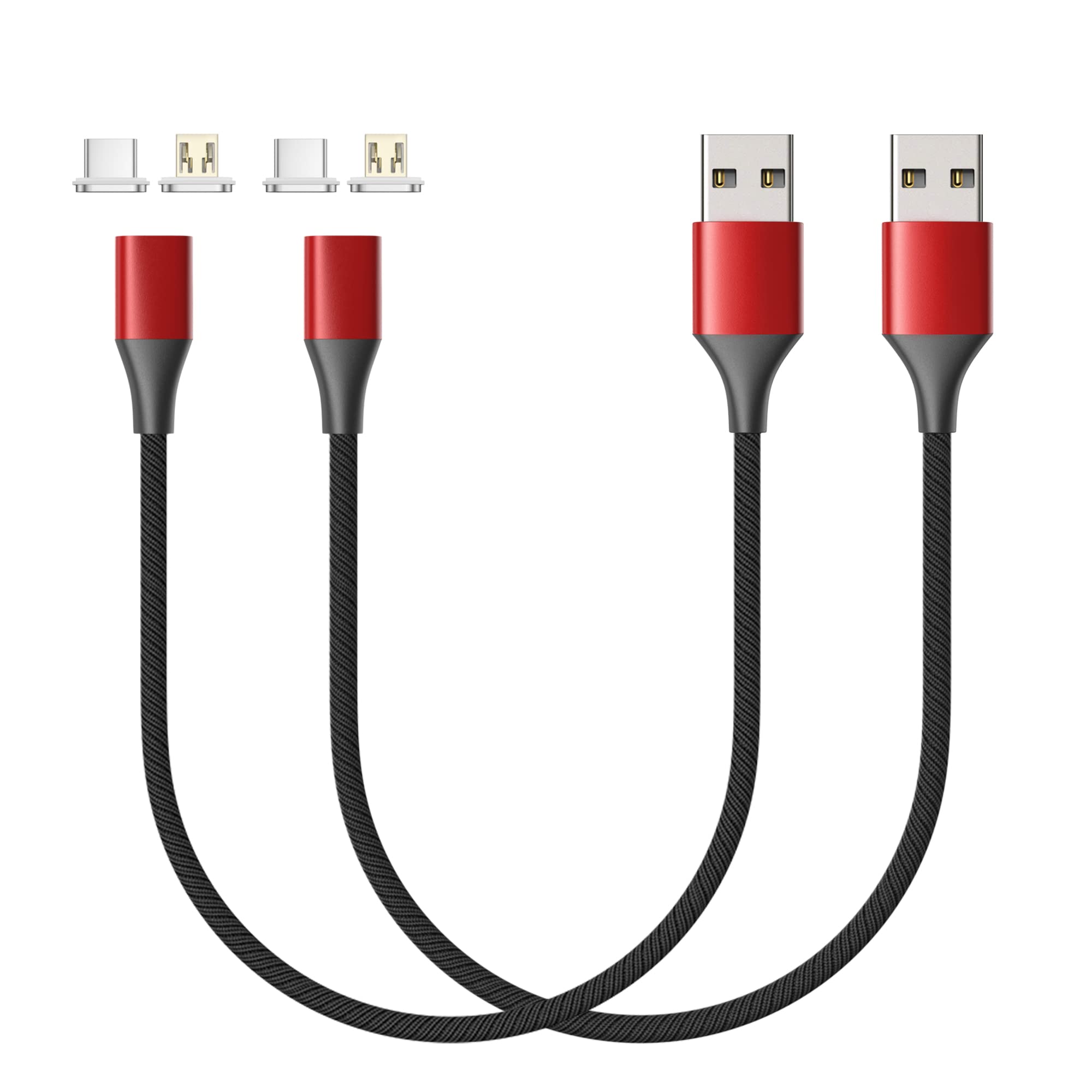 NETDOT Gen10 Magnetic Charging Cable - 2-in-1 Nylon Braided USB-C & Micro-USB Fast Charger (1ft, 2 Pack, Red) | Perfect for iPhone, Android, Tablets at Home, Office or Travel