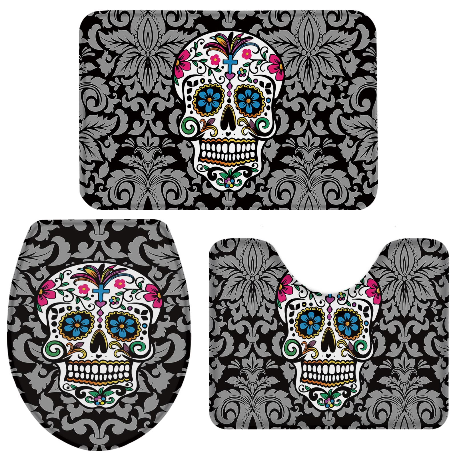BRINGMEHOME 3-Piece Bathroom Rug Set - Non-Slip Skull & Floral Vintage Print Contour Mat, Pedestal Mat & Toilet Lid Cover - Gothic Decor for Halloween, Gothic Bathroom & Vintage Style Homes