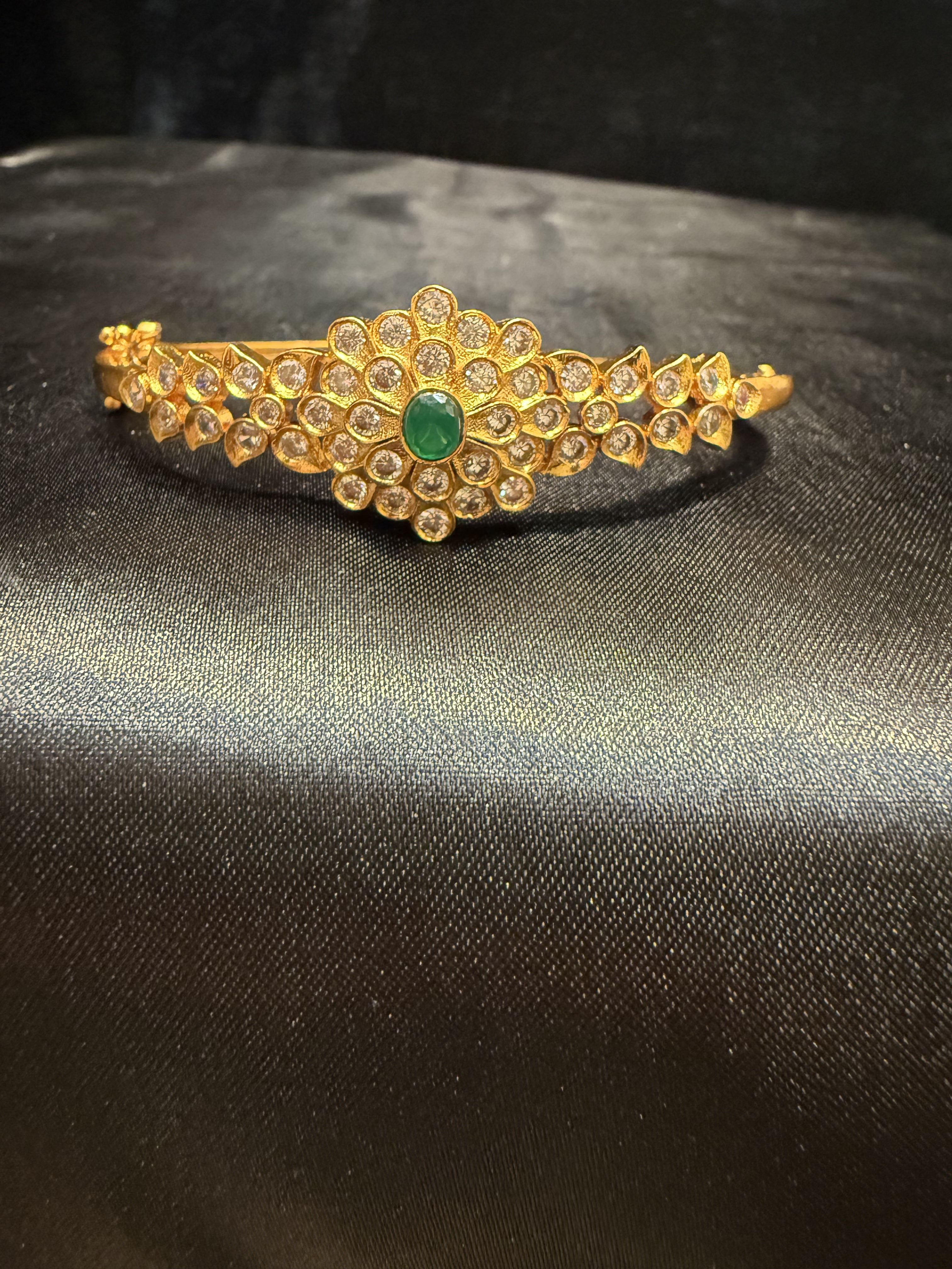Elegant Gold Plated Bracelet with Green & White Stones & Floral Design - Perfect for Weddings, Parties & Special Occasions