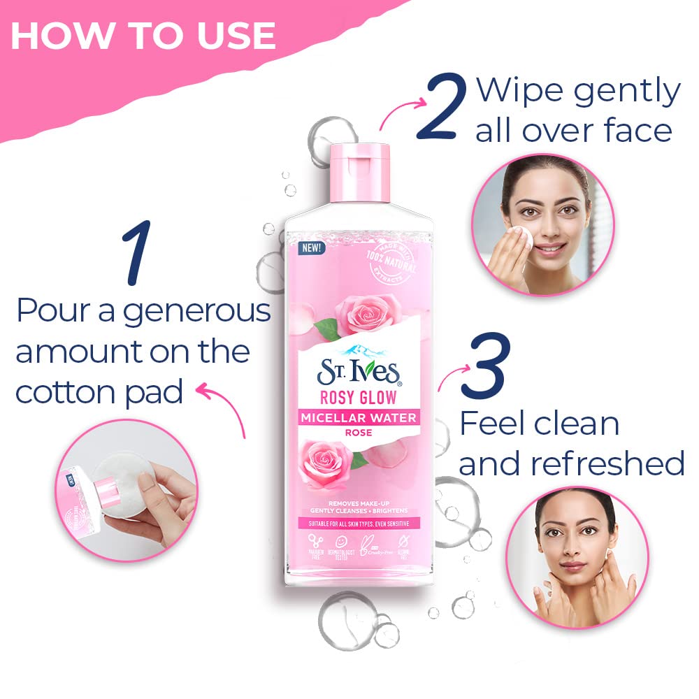 St. Ives Rosy Glow Rose Micellar Water - 100% Natural Extracts, 3-in-1 Cleanser, Toner & Makeup Remover for All Skin Types | Gentle, Paraben-Free, Alcohol-Free & Oil-Free Face Cleansing Water (400ml) | Perfect for Daily Skincare, Makeup Removal & Hydration Routine