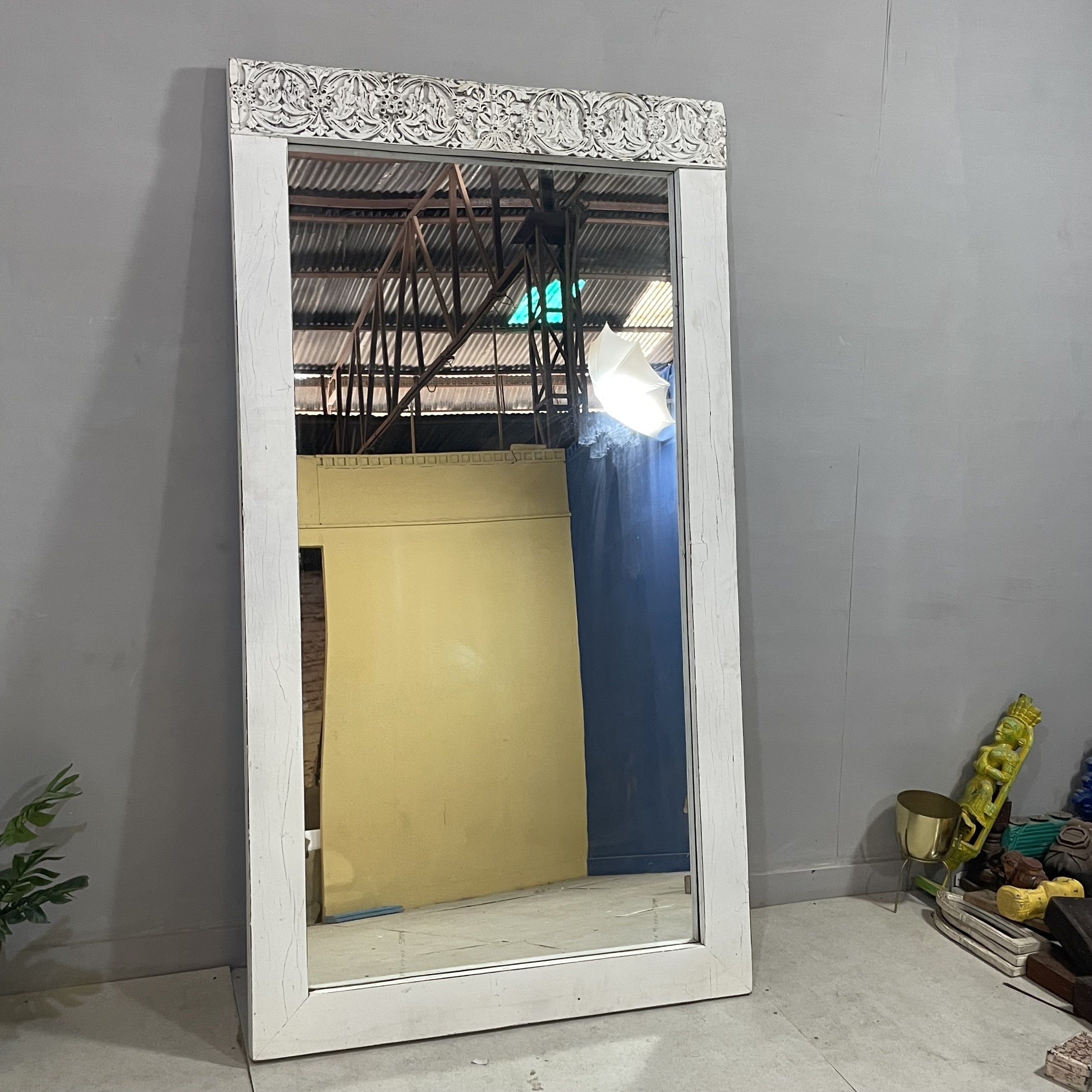 Handcrafted Indian Solid Hardwood Mirror Frame - White Carved Wooden Mirror - 47