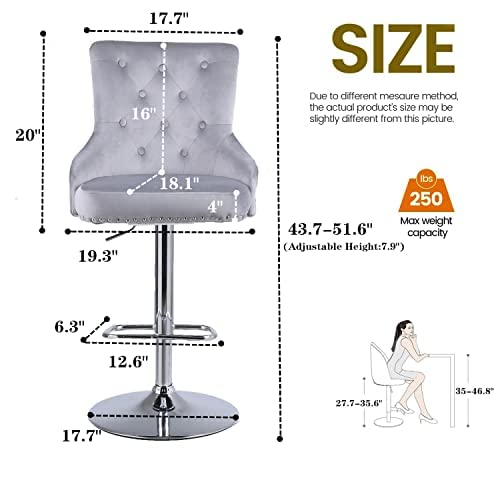Modern Velvet Bar Stools Set of 4 - Adjustable Height High Back Counter Stools for Kitchen Island, Pub, Bar & Dining Room - Light Grey Upholstered Seating for Home & Commercial Use