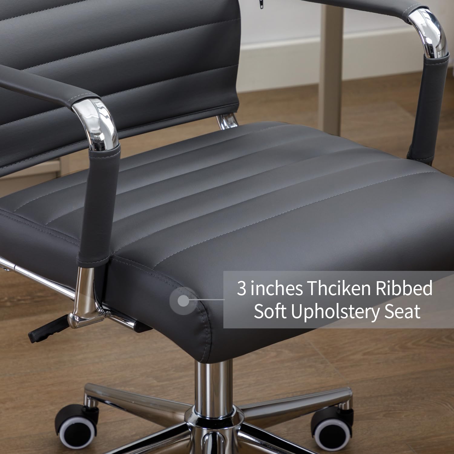 Premium Ergonomic Office Chair - Leather Executive Desk Chair with Wheels, Modern Ribbed Design for Conference Rooms & Home Offices (Black) - Ideal for Long Work Hours & Professional Workspaces