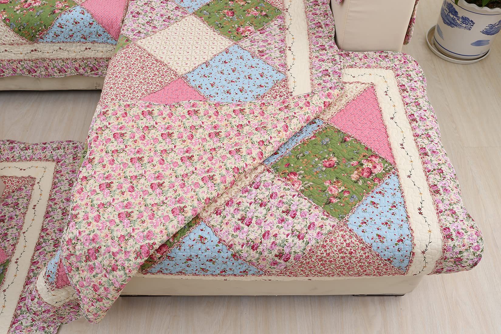 Floral Patchwork Cotton Sofa Cover - Anti-Slip Embroidered L-Shaped Sectional Couch Cover, Super Soft Quilted Thick Sofa Slipcover for Pets & Kids (Pink, 28x28 inches) - Perfect for Living Room, Family Room & Pet-Friendly Homes