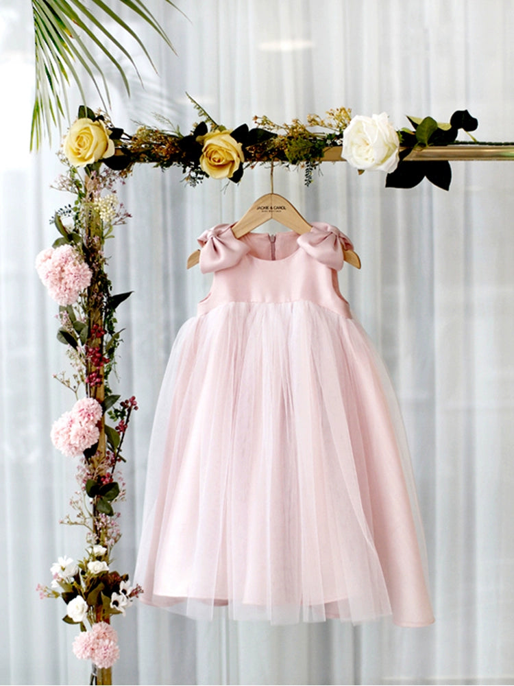 Pink Princess Round Tea Length Satin Flower Girl Dress - Perfect for Weddings, Birthday Parties & Special Occasions