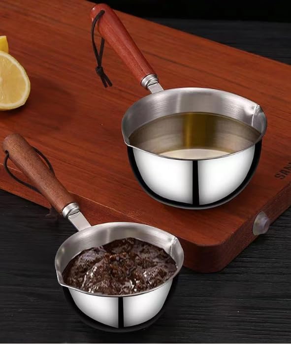 Mini Stainless Steel Milk Warmer Pot - 150ml Small Saucepan for Coffee, Soup & Beverage Heating | Heat-Resistant Wooden Handle | Perfect for Home, Office & Baby Bottle Warming