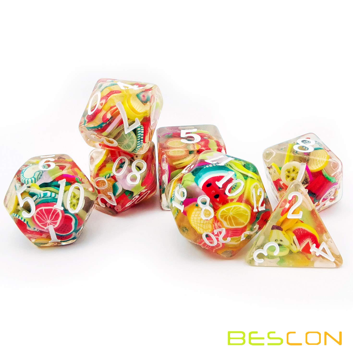 BESCON DICE 7-Piece Fruit Themed Polyhedral RPG Dice Set for Dungeons & Dragons, Pathfinder, and Tabletop Gaming - Perfect for D&D Players, Collectors, and Gift Giving