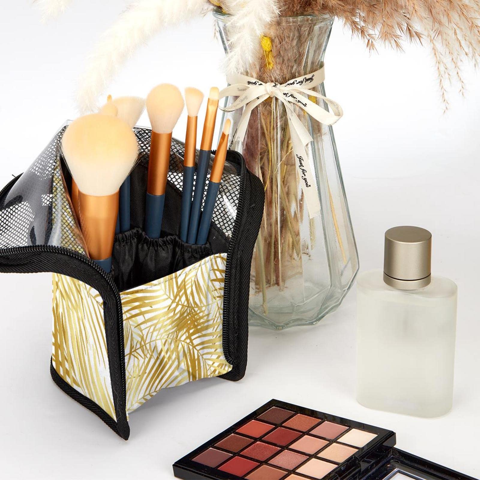 12-Piece Makeup Brush Organizer Bag with Portable Holder Case - Globe Leaves Tropical Design for Travel & Home Storage | Perfect for Makeup Artists & Beauty Enthusiasts