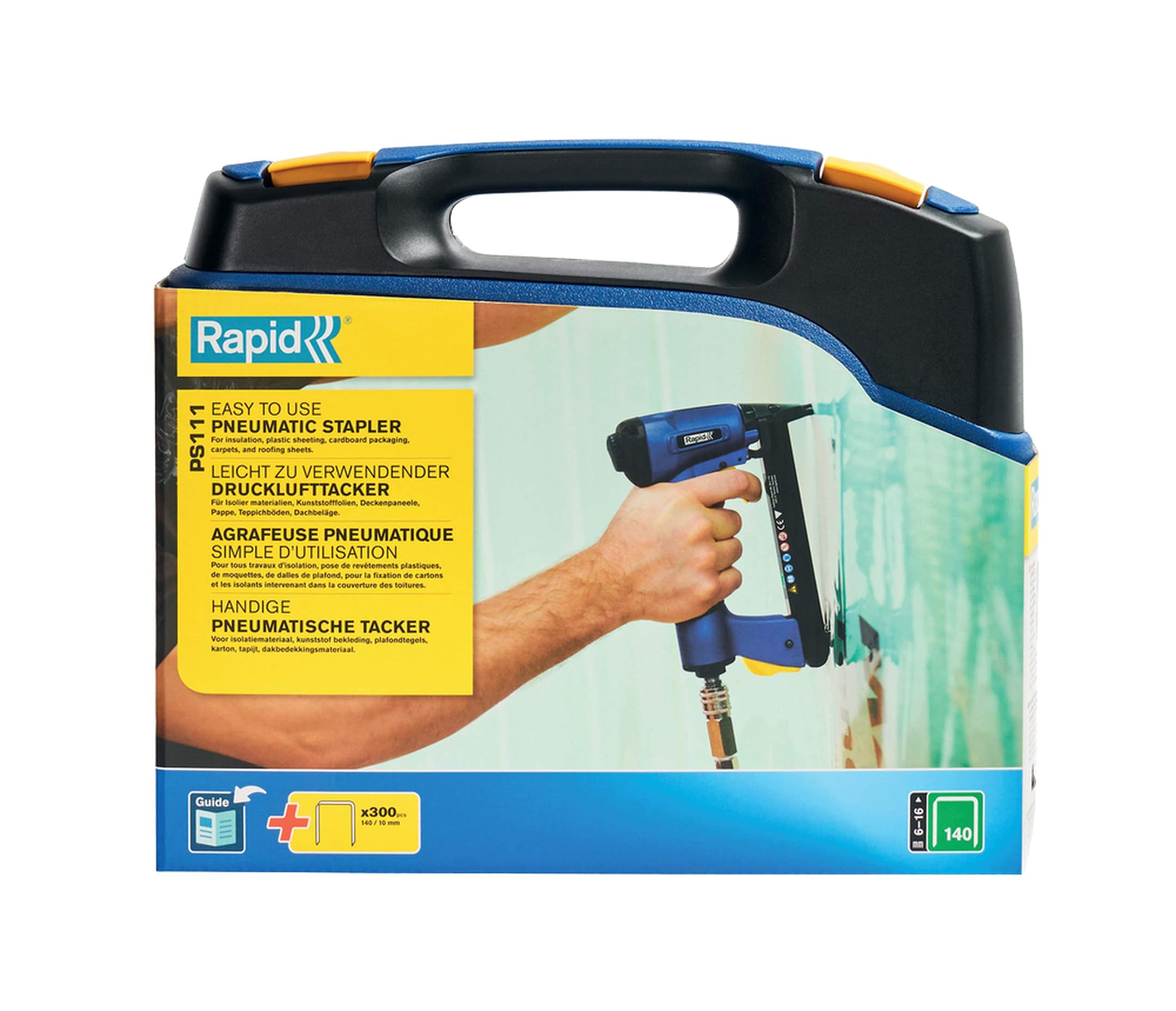 Rapid PS111 Pneumatic Stapler for No. 140 Staples - Quick Reload, Adjustable Air Exhaust, Includes Carry Case & 300 Staples (5000052) - Blue | Ideal for Woodworking, Upholstery, and DIY Projects