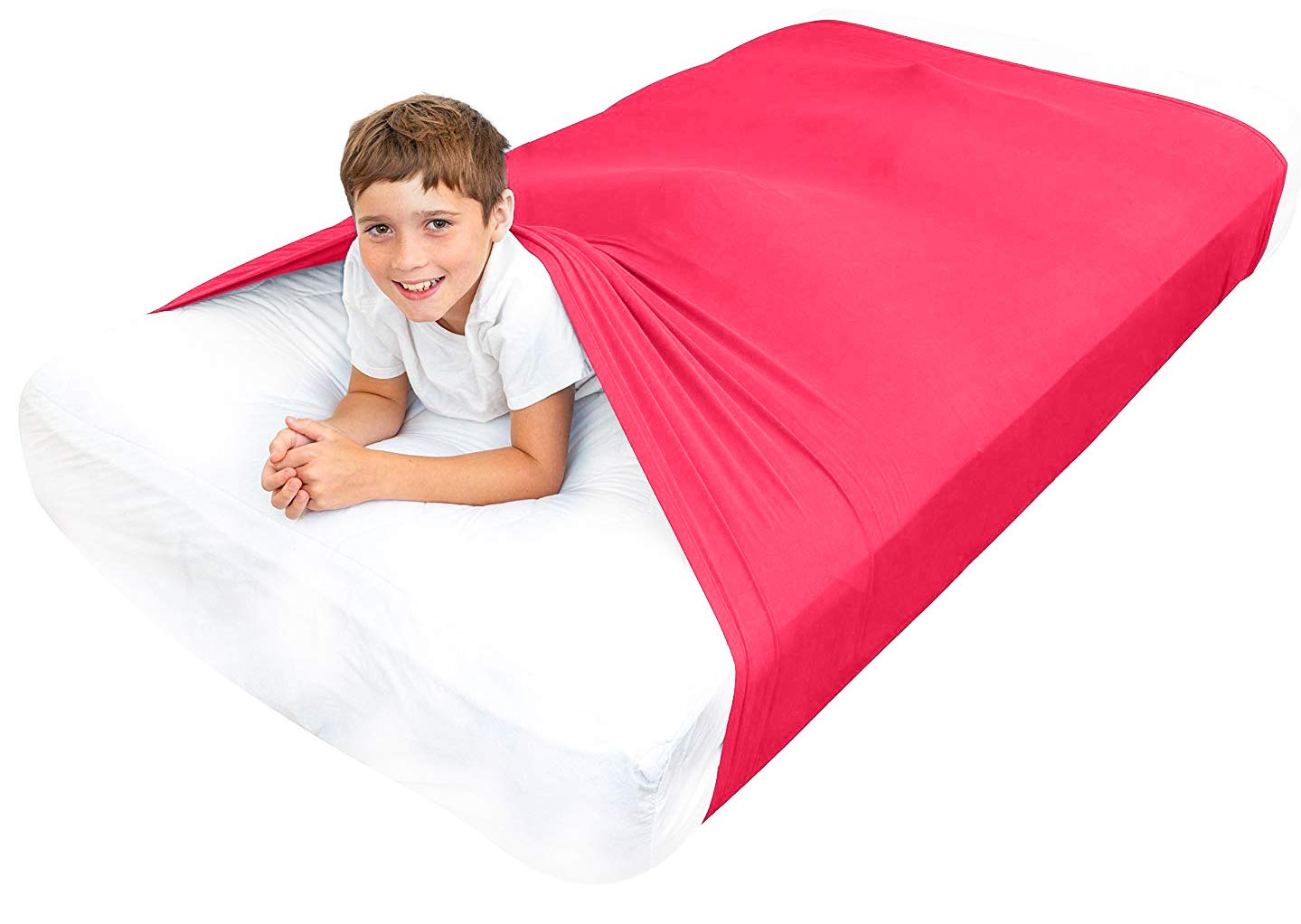Kids Sensory Bed Sheet - Breathable Stretchy Compression Sheet Alternative to Weighted Blankets - Cool Comfortable Sleeping Bedding for Full Size Bed (Red) - Perfect for Calming Kids with ADHD, Autism & Anxiety