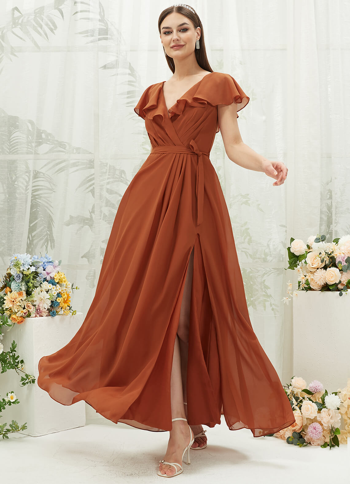 Elegant Burnt Orange Chiffon Bridesmaid Dress with Ruffle Sleeves & V-Neck Slit - Perfect for Weddings, Formal Events & Evening Parties