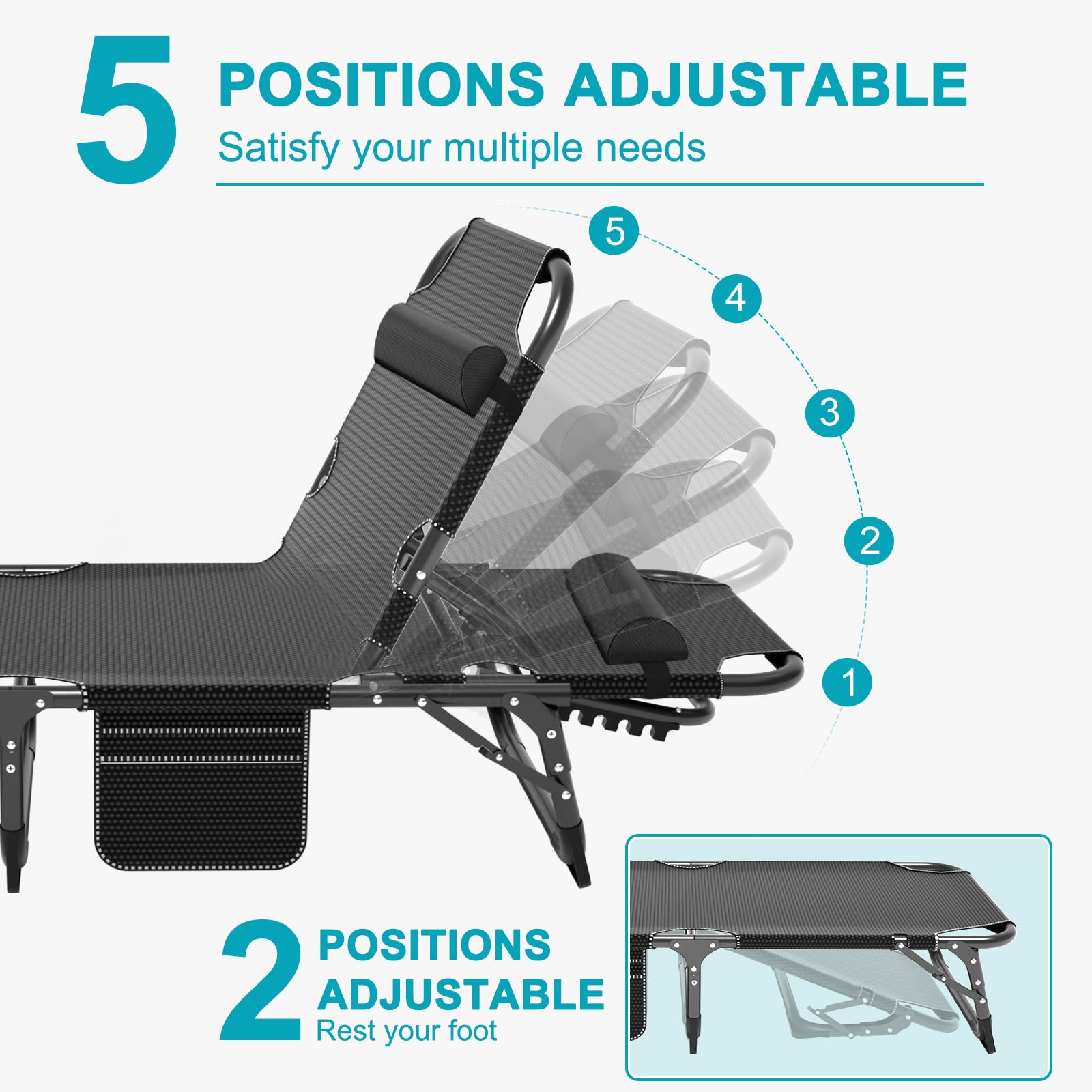 ABORON 5-Position Adjustable Folding Camping Cot for Adults - Portable Outdoor Sleeping Bed, Reclining Lounge Chair with Pillow for Beach, Lawn, Camping, Pool & Sunbathing - Heavy Duty & Compact Design