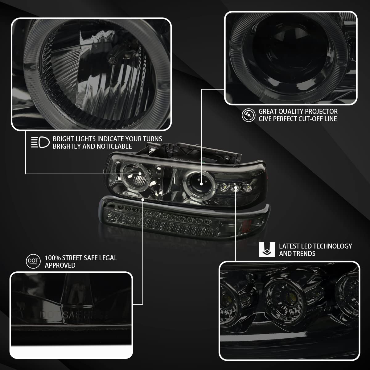AUTOZENSATION LED Headlights Assembly Compatible with 1992-2002 Chevy Silverado Tahoe Suburban - Left Right Pair Smoke Halo Projector Headlights & LED Bumper Lights - Upgrade for Night Driving Off-Roading and Custom Look