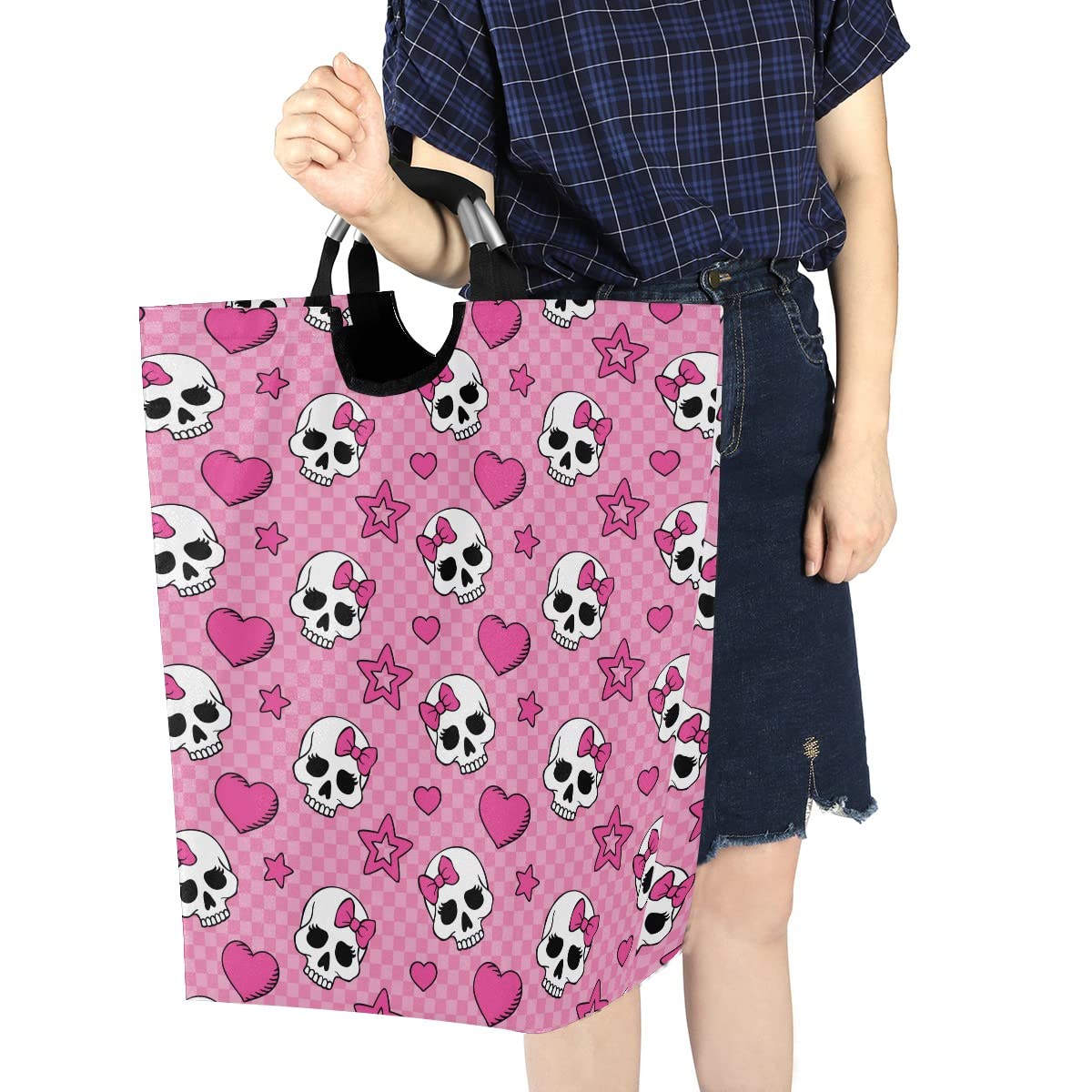 Pink Skull Girl Laundry Bag with Handles - Foldable Collapsible Laundry Basket Hamper for Laundry Room & Bathroom Organization - Perfect for College Dorm, Travel & Home Storage