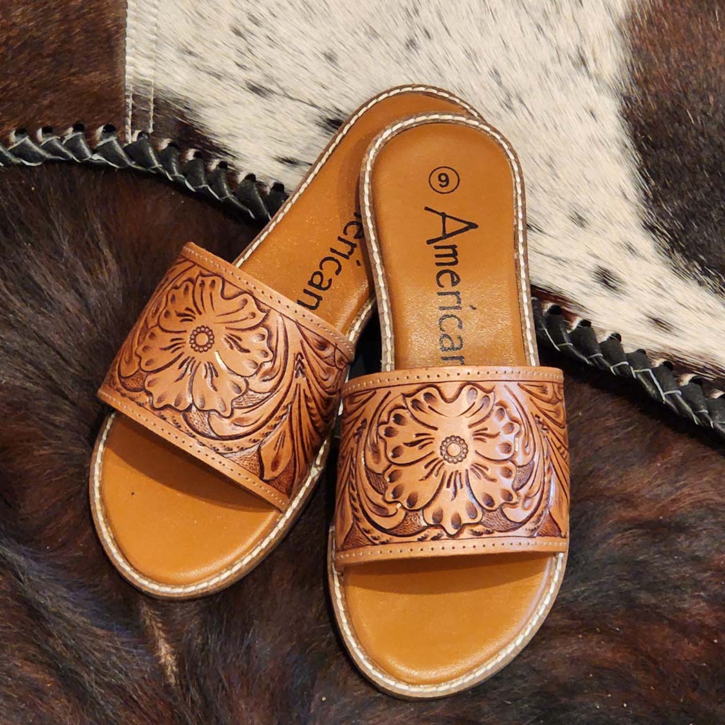 American Darling Tooled Slide Sandal - Comfortable Leather Sandals for Women | Western Style Casual Shoes | Perfect for Summer, Beach, and Outdoor Activities