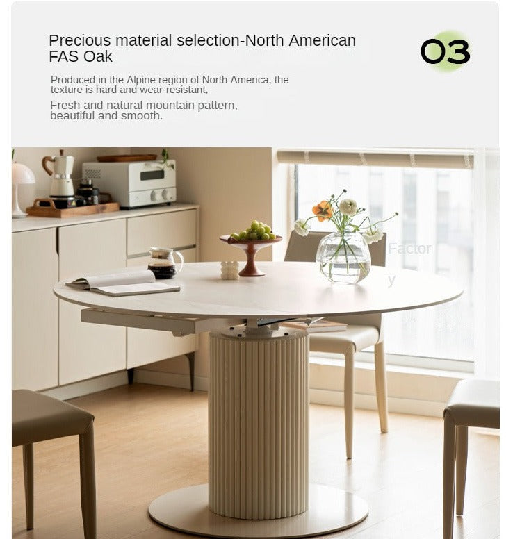 Solid Oak Wood Round Extendable Dining Table with Rock Plate Design - Cream Finish for Modern Dining Room & Kitchen Decor
