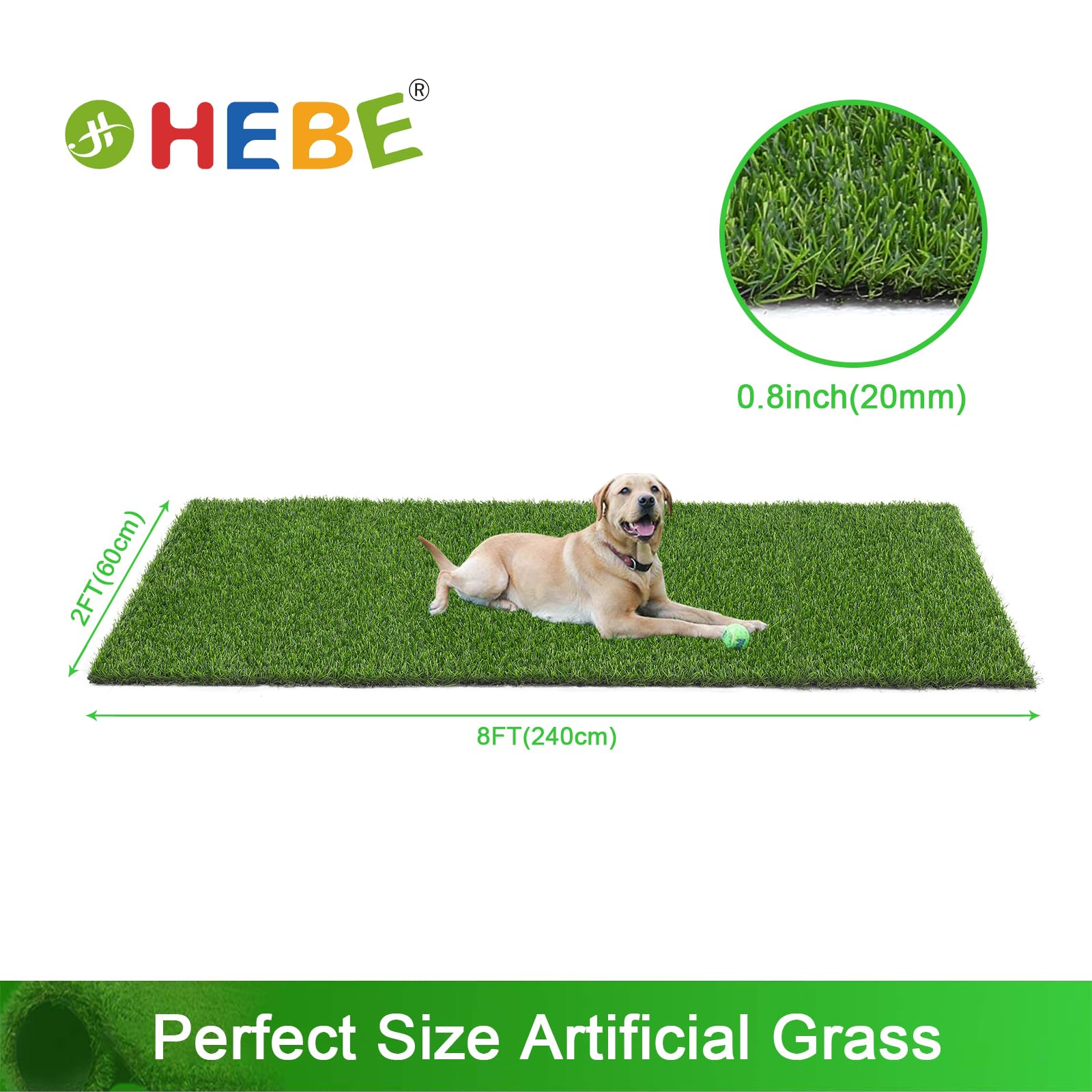 HEBE 2'x6' Artificial Turf Rug with Drainage Holes - Reusable Grass Mat for Dog Potty Training | Indoor/Outdoor Pet Pee Pad | Perfect for Balcony, Patio & Kennel Use
