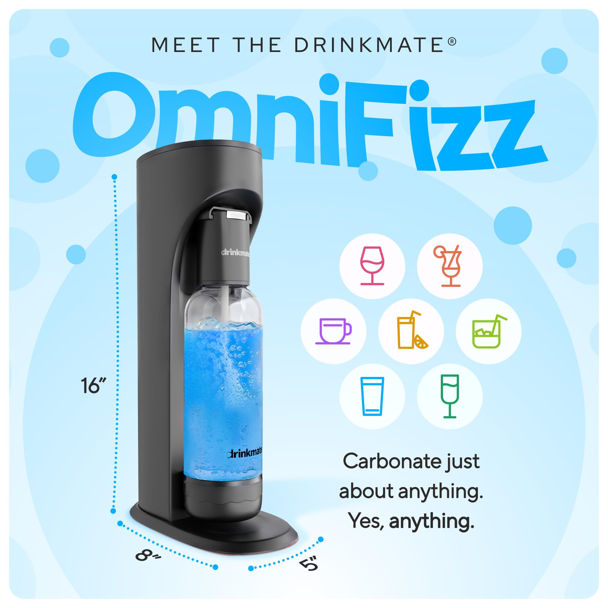 Drinkmate OmniFizz Sparkling Water and Soda Maker - Carbonate Any Beverage with Party Pack (Includes 2x60L CO2 Cylinders, 3 Carbonation Bottles & 2 Fizz Infusers) | Matte Black | Perfect for Home Bars, Parties & Healthy Hydration