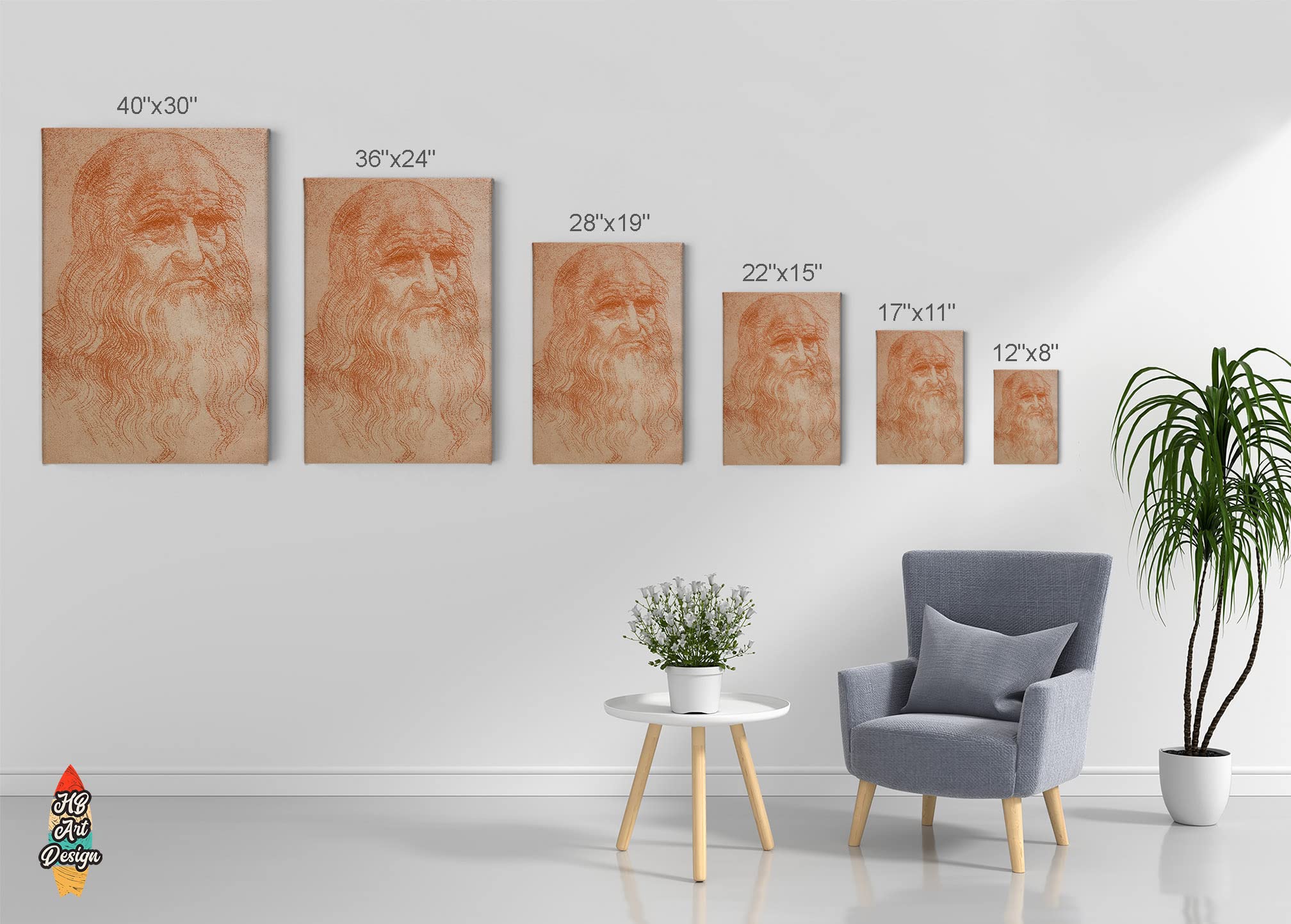 Leonardo Da Vinci Self Portrait in Red Chalk - Famous Renaissance Art Masterpiece Canvas Wall Art Print (36x24 Inch) - Ready to Hang for Office, Living Room, Bedroom & Home Decor | Perfect Gift for Art Lovers & Classic Painting Enthusiasts
