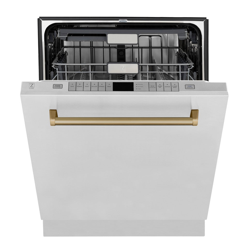 ZLINE Autograph Edition 24-inch Stainless Steel Dishwasher with Champagne Bronze Handle - 3rd Rack, Top Touch Controls, 45dBA Ultra Quiet - Perfect for Modern Kitchens & Open Concept Homes (Model DWMTZ 304 24 CB)