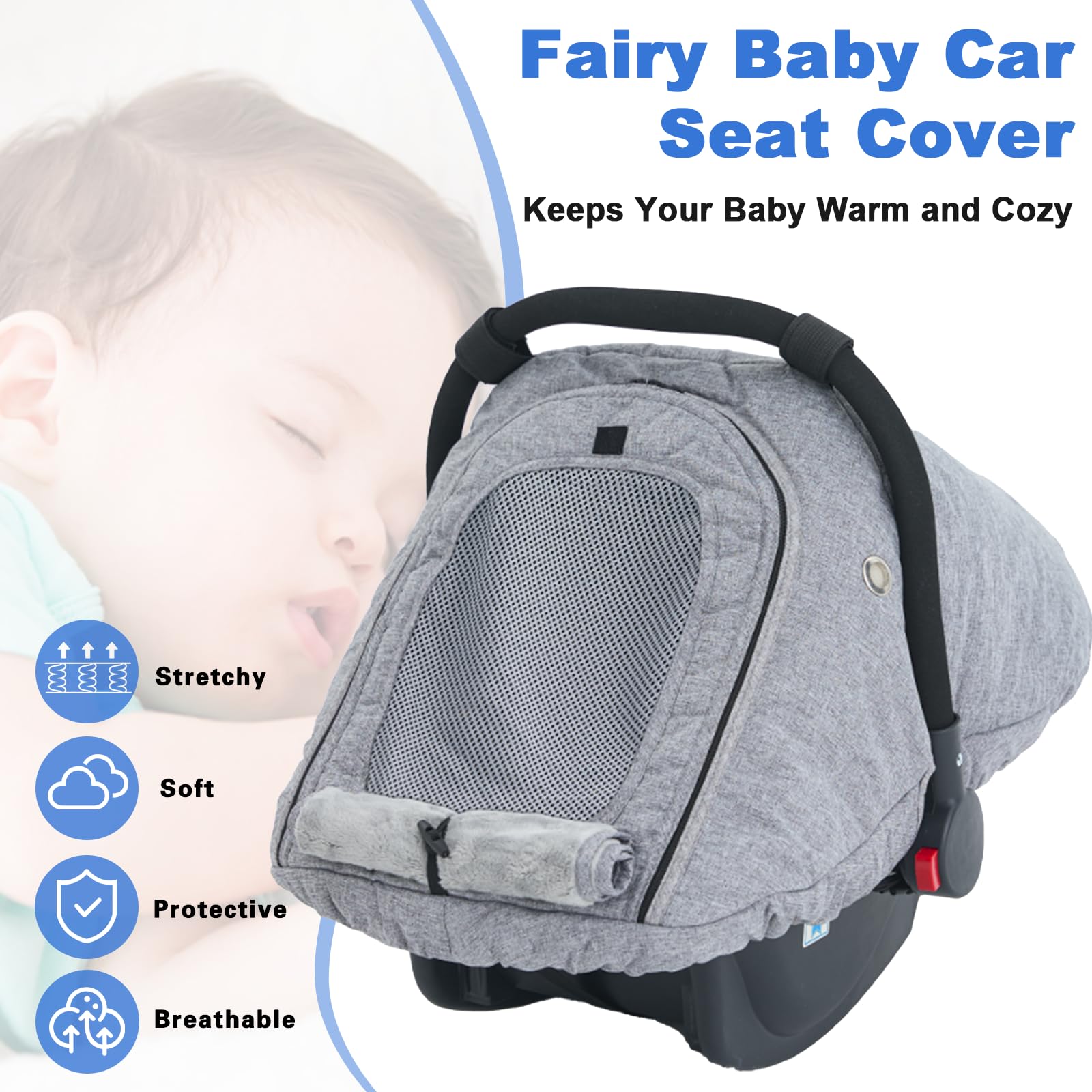 Fairy Baby Winter Car Seat Cover with Mesh Window - Warm & Cozy Infant Car Seat Protector, Waterproof Baby Car Seat Cover for Travel (Grey) - Perfect for Cold Weather & Road Trips