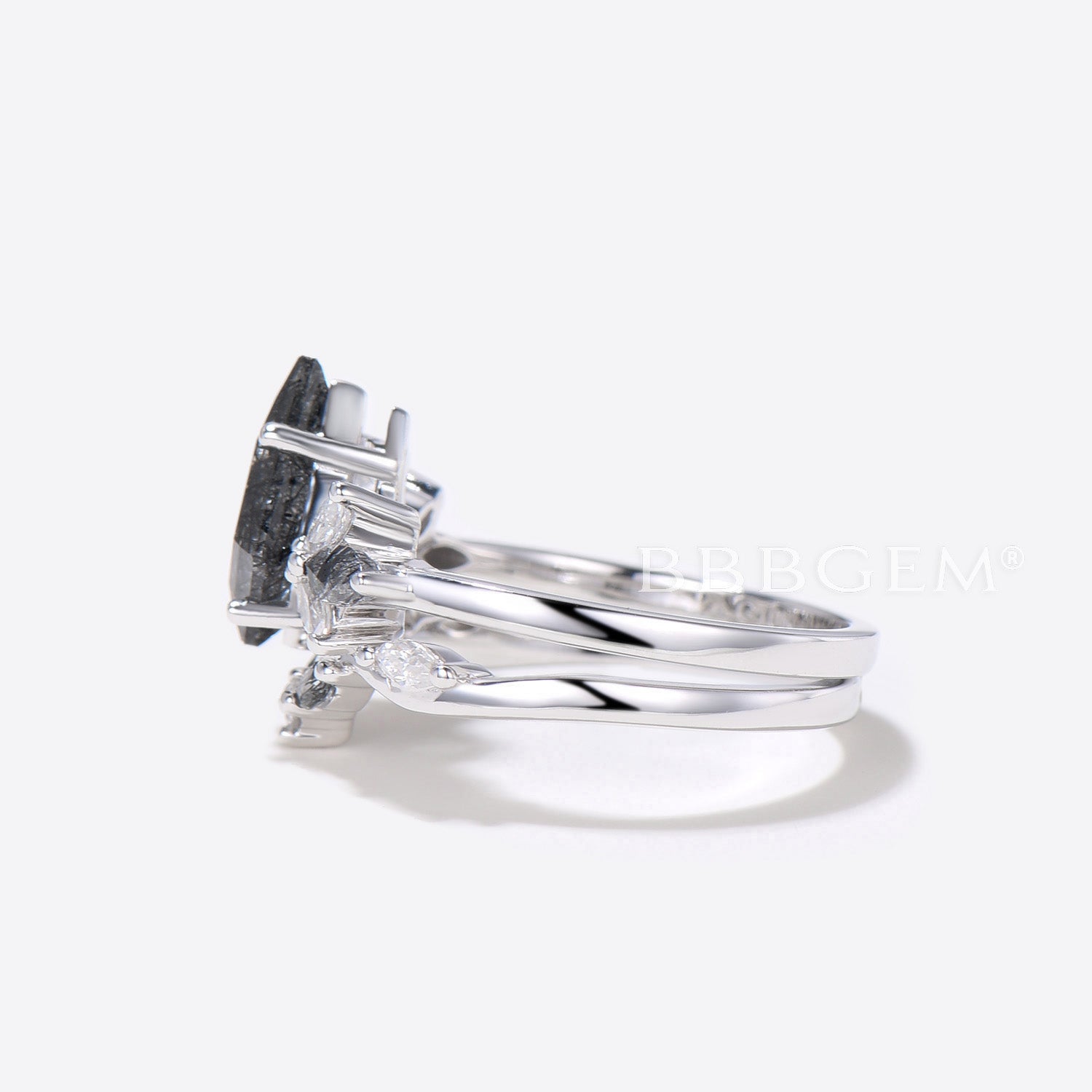 Black Rutilated Quartz Kite Cut Seven Stone Wedding Ring for Women - Elegant Engagement & Anniversary Jewelry Gift