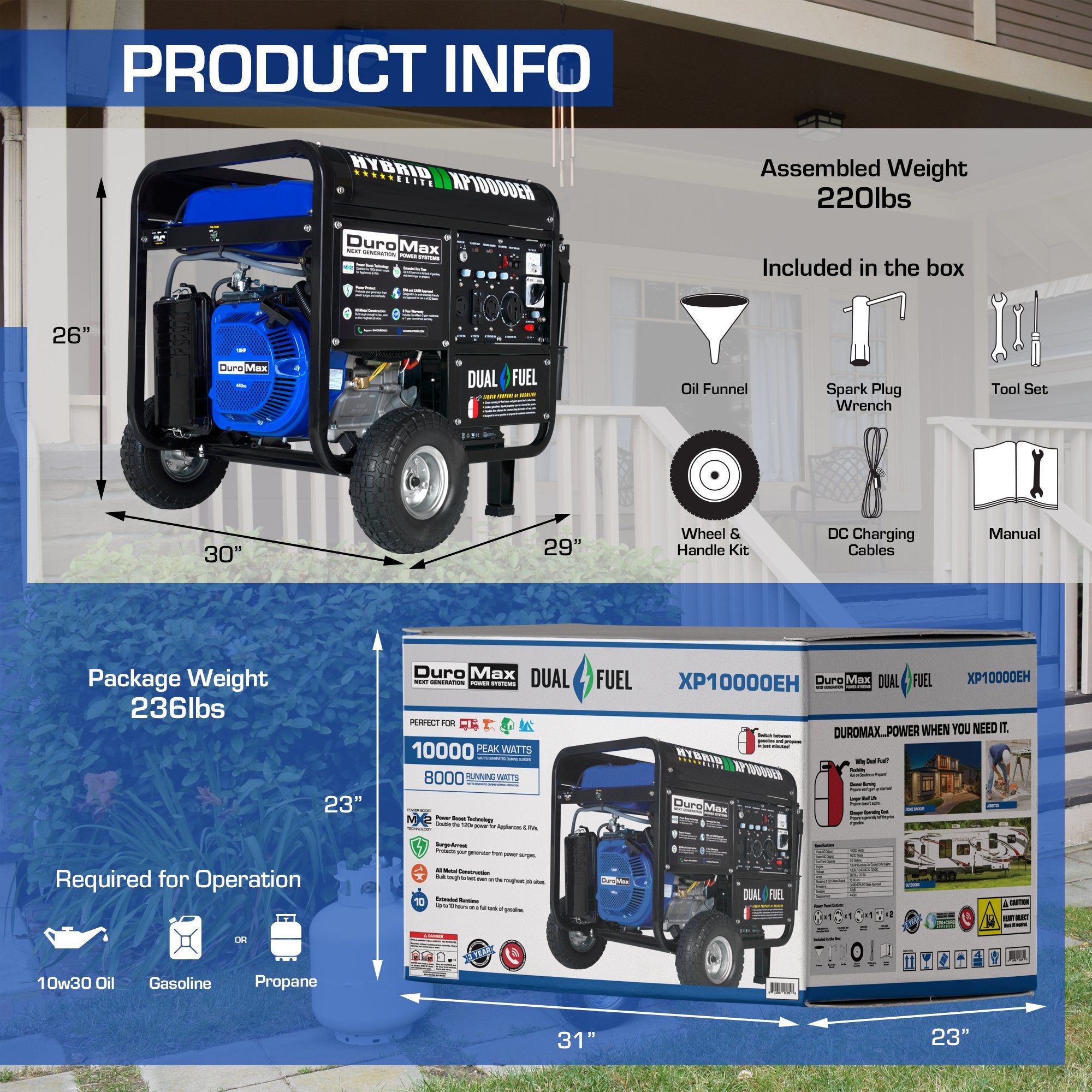 DuroMax XP10000EH 8000W/10000W Dual Fuel Portable Generator with Electric Start - Ideal for Home Backup Power, Camping & Emergency Use