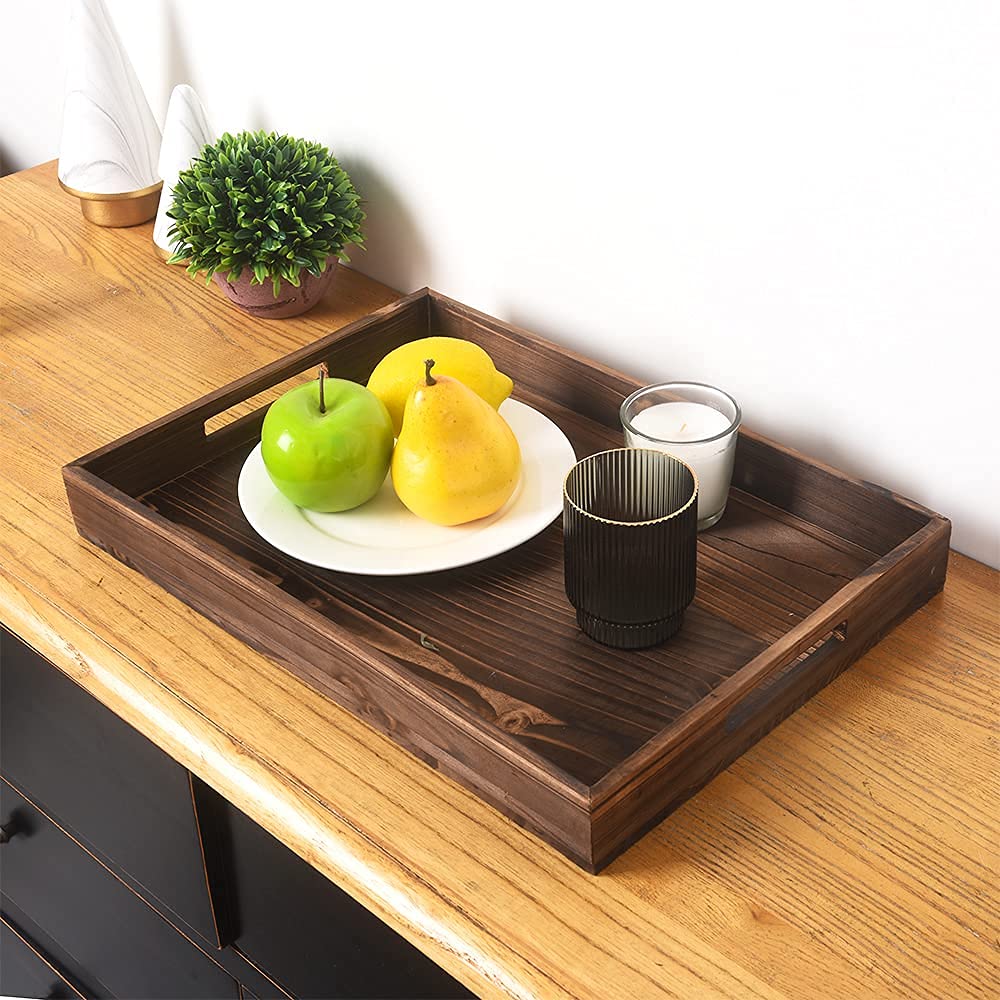 Rustic Wooden Serving Tray Set of 3 - Handled Nesting Trays for Coffee, Food & Drinks | Ottoman Tray, Decorative Platter for Dining, Living Room & Bedroom Use | Brown Retro Style Wood Trays