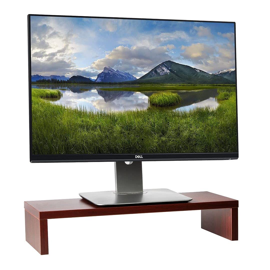 Wooden Monitor Stand with Halter Design - Cherry Finish Computer Desk Riser & Workspace Organizer for Home Office and Gaming Setup