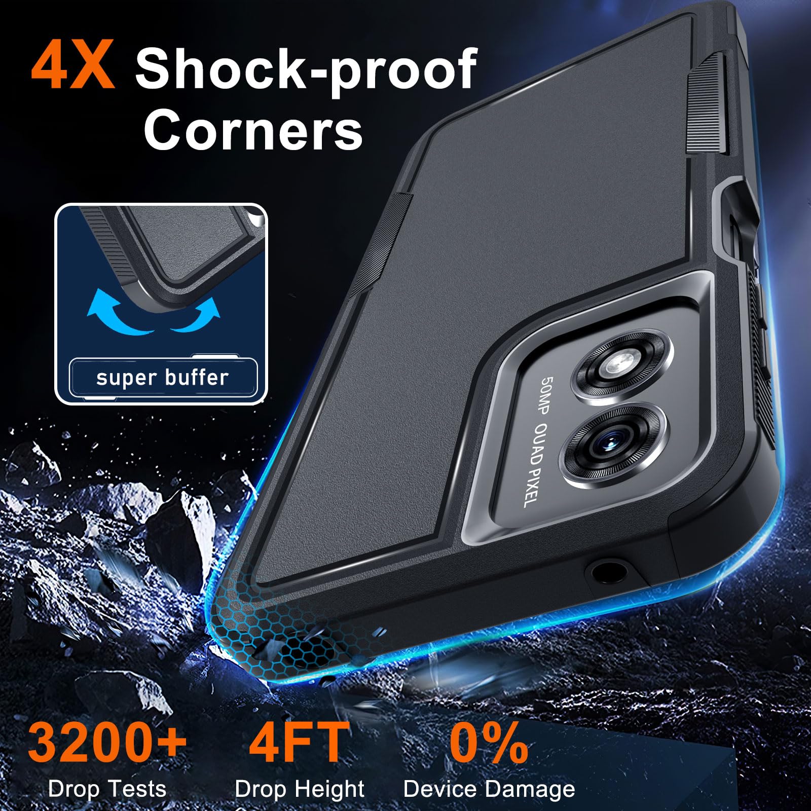 RMOCR Heavy Duty Rugged Shockproof Case for Moto G Play 2024 - Full Body Protective Phone Cover with Lanyard Strap & Tempered Glass Screen Protector (Black Matte) | Perfect for Outdoor Activities, Construction Work & Extreme Sports Protection