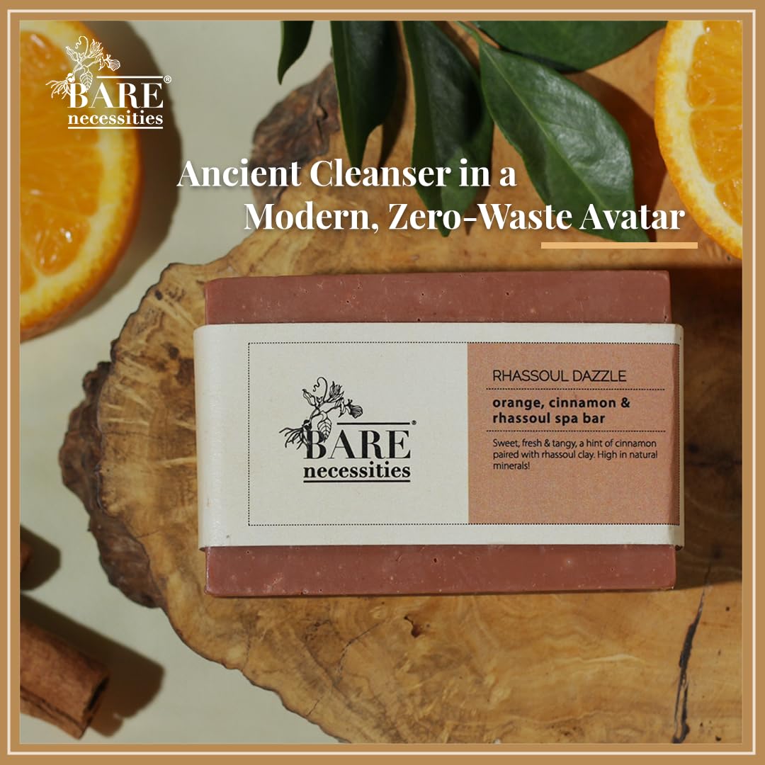 Bare Necessities Rhassoul Dazzle Handmade Soap Bar - Natural Orange & Cinnamon Scented Cold Processed Soap for Men & Women (75g) | Moisturizing Bath Soap for Dry & Sensitive Skin | Perfect for Daily Shower, Spa Day & Gift Giving