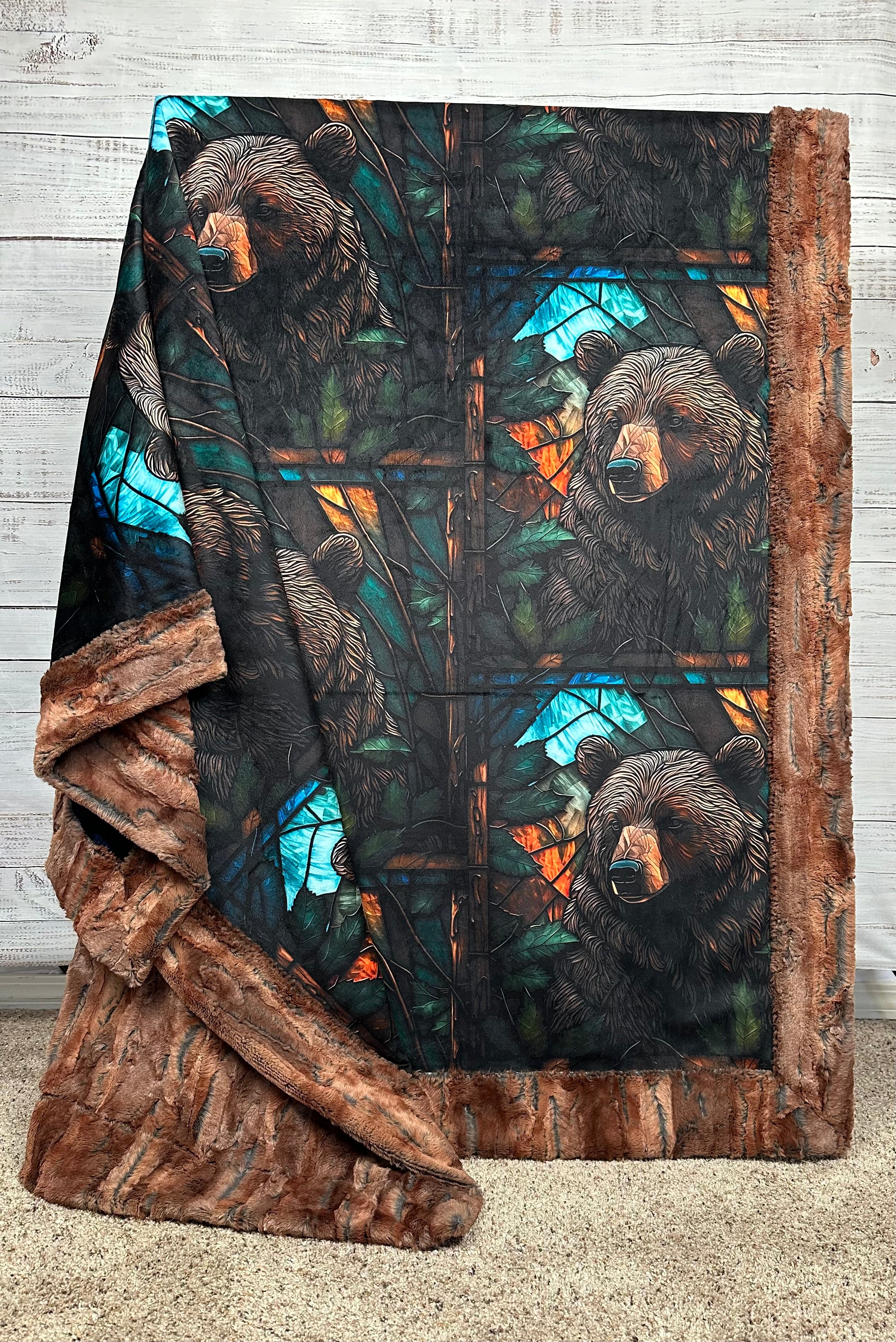 Stained Glass Bear Rustic Copper Luxury Large 57x79 Minky Blanket - Soft Plush Throw for Bedroom Decor, Cozy Gift for Home & Nursery