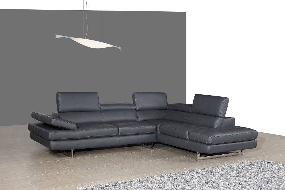J and M Furniture A761 Italian Leather Sectional Sofa in Slate Grey - Modern Luxury Living Room Couch for Home Theater & Family Gatherings