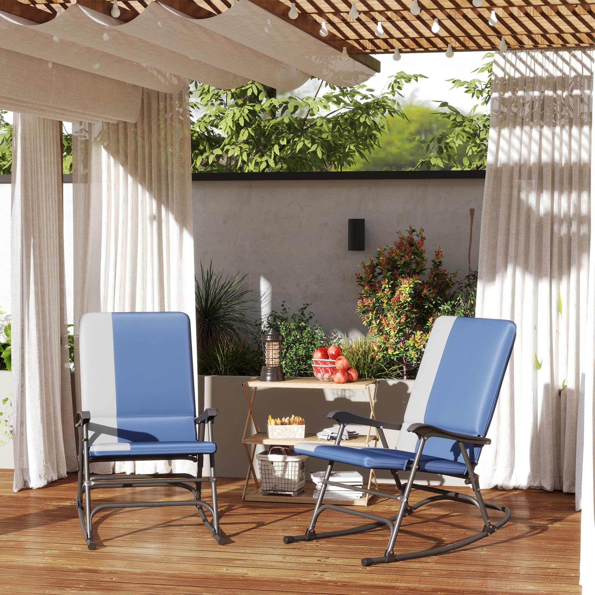 Outsunny 2-Pack Folding Outdoor Rocking Chairs - Heavy Duty 400 lbs Capacity Oversized Camping Chairs with Wide Seat & Padded High Back - Perfect for Patio, Porch, Garden, Backyard Relaxation - Dark Blue