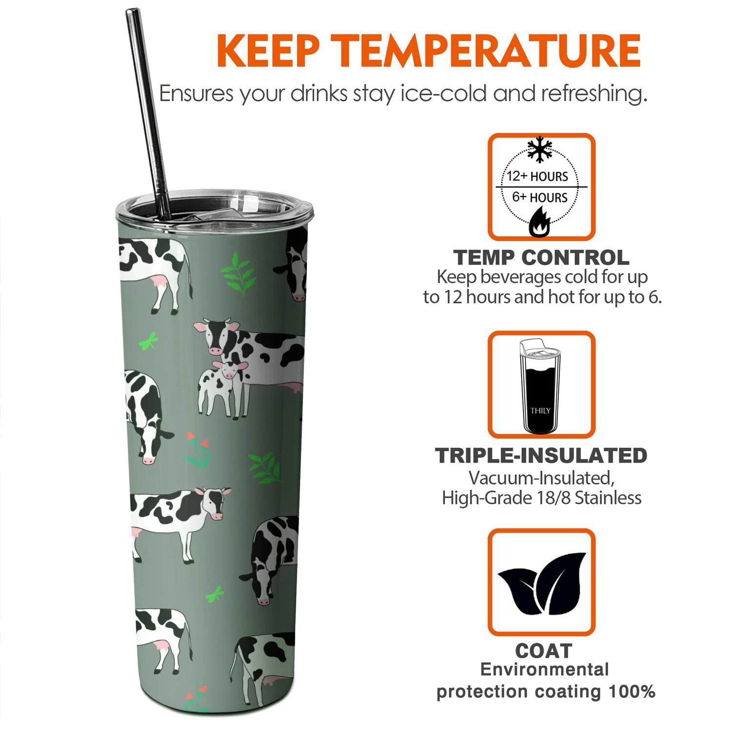 **20oz Insulated Cow Print Tumbler with Lid & Straw - Cute Cow Coffee Cup Travel Mug & Water Bottle - Perfect Birthday Gift for Women, Teen Girls & Girlfriend - Great for Home, Office & Travel**