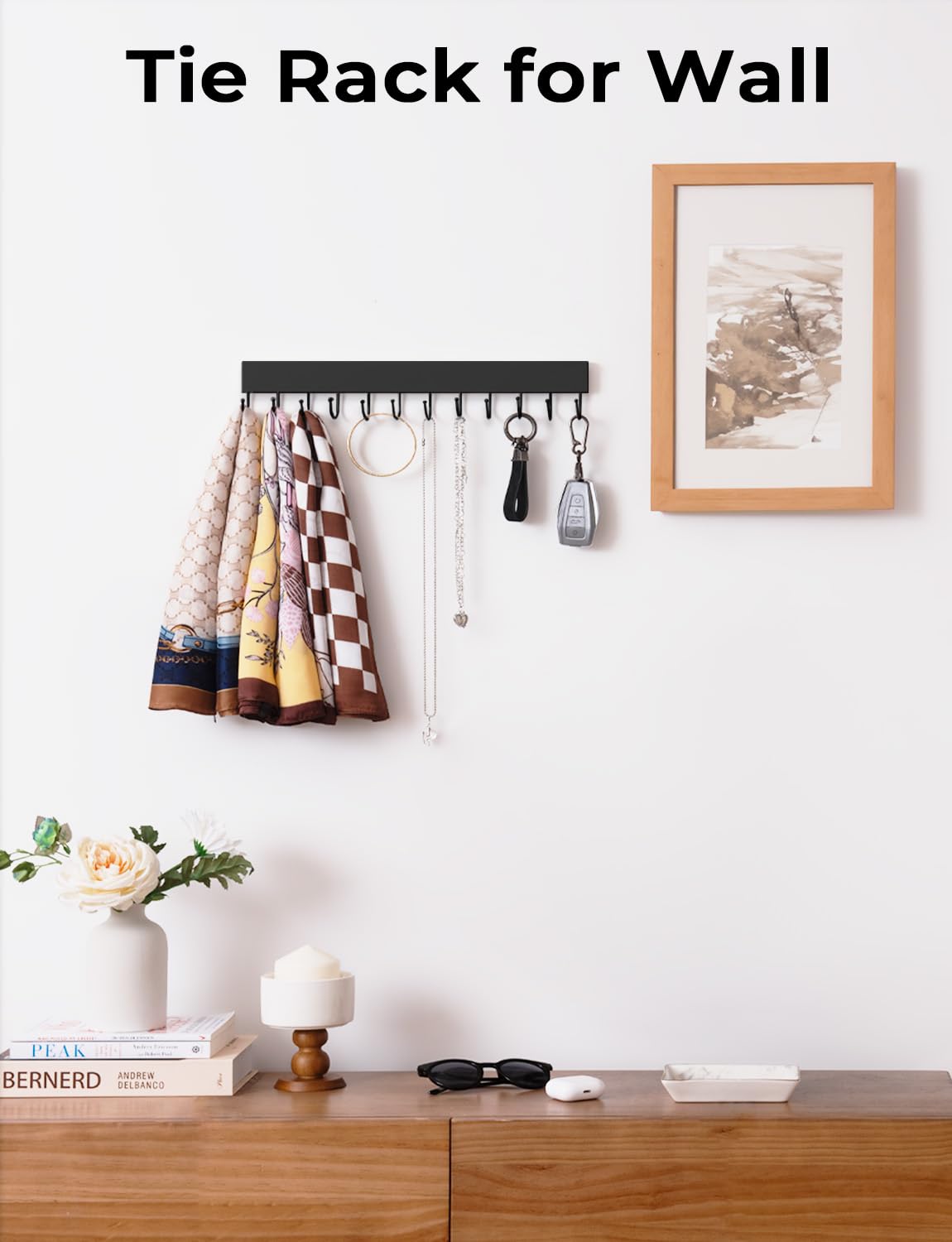 StorageWorks 12-Hook Wall-Mounted Tie Rack (2-Pack) - Wooden Hanger for Neckties, Belts, Hats & Accessories - Space-Saving Closet Organizer for Home & Office - Black