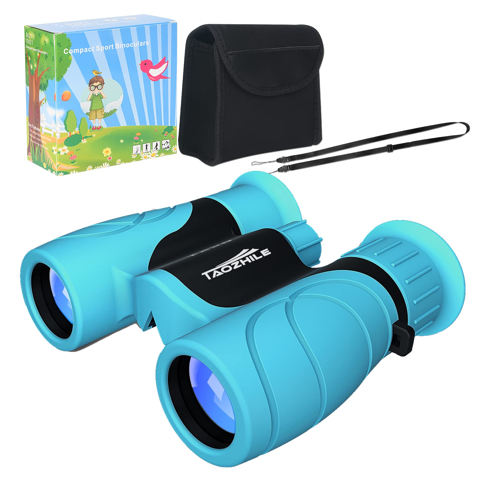 High-Resolution 8x21 Kids Binoculars - Shockproof Compact Binoculars for Boys & Girls Ages 3-12 with Neck Strap | Perfect for Bird Watching, Hiking, Camping, Travel, Learning & Outdoor Adventures (Blue)