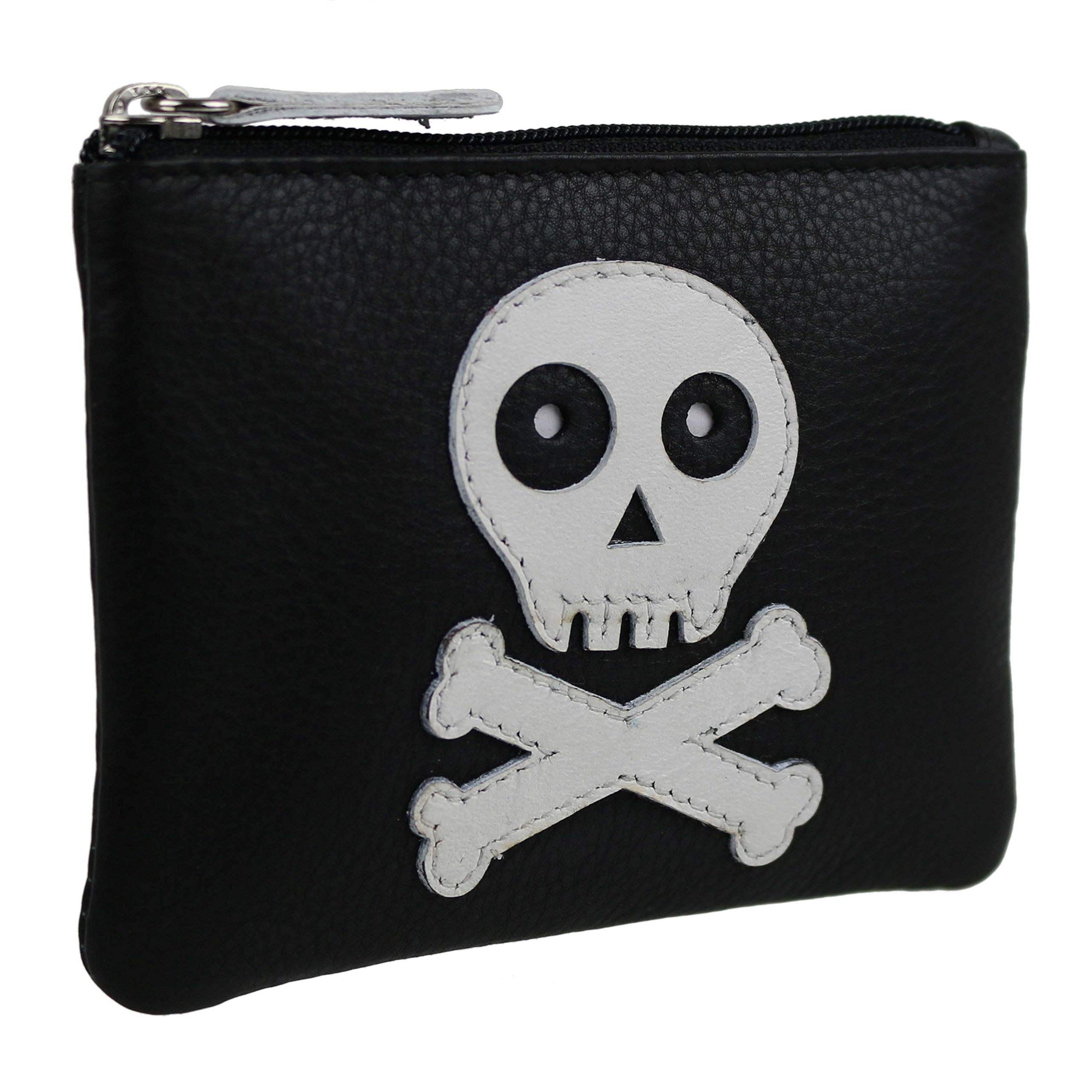 Men's Leather Skull & Crossbones Coin Wallet - Zippered Handmade Black & White Gothic Style Purse for Everyday Use, Travel & Collectibles Storage