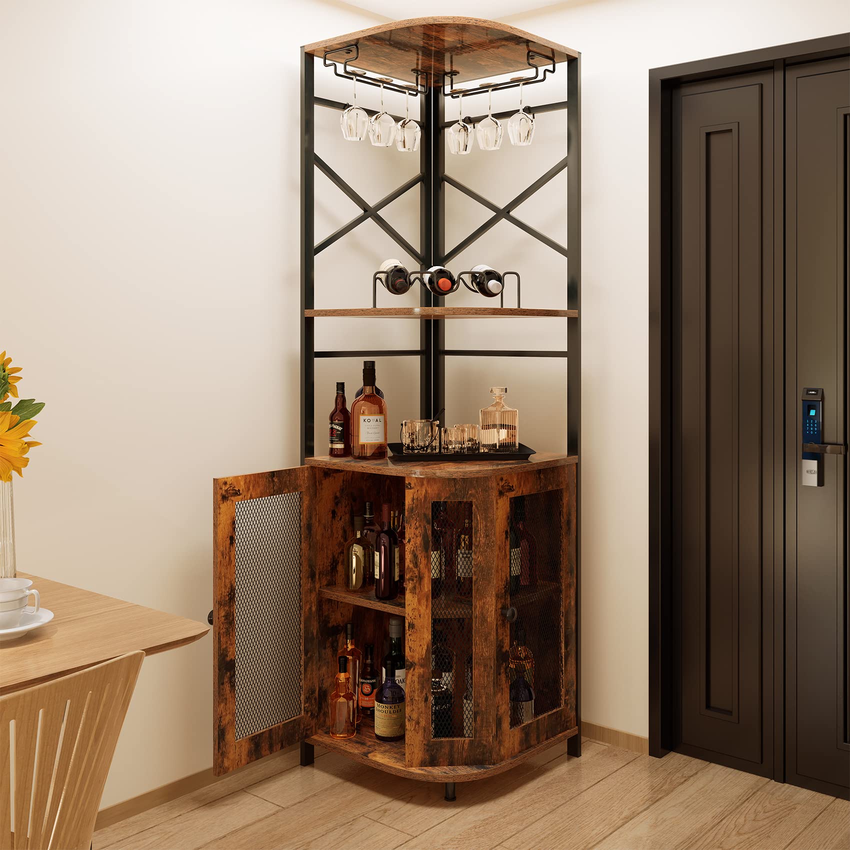 Rustic Brown Corner Bar Cabinet with Wine Rack, Glass Holder & Adjustable Shelves - Mesh Door Liquor Storage Cabinet for Home Bar, Dining Room or Entertainment Area